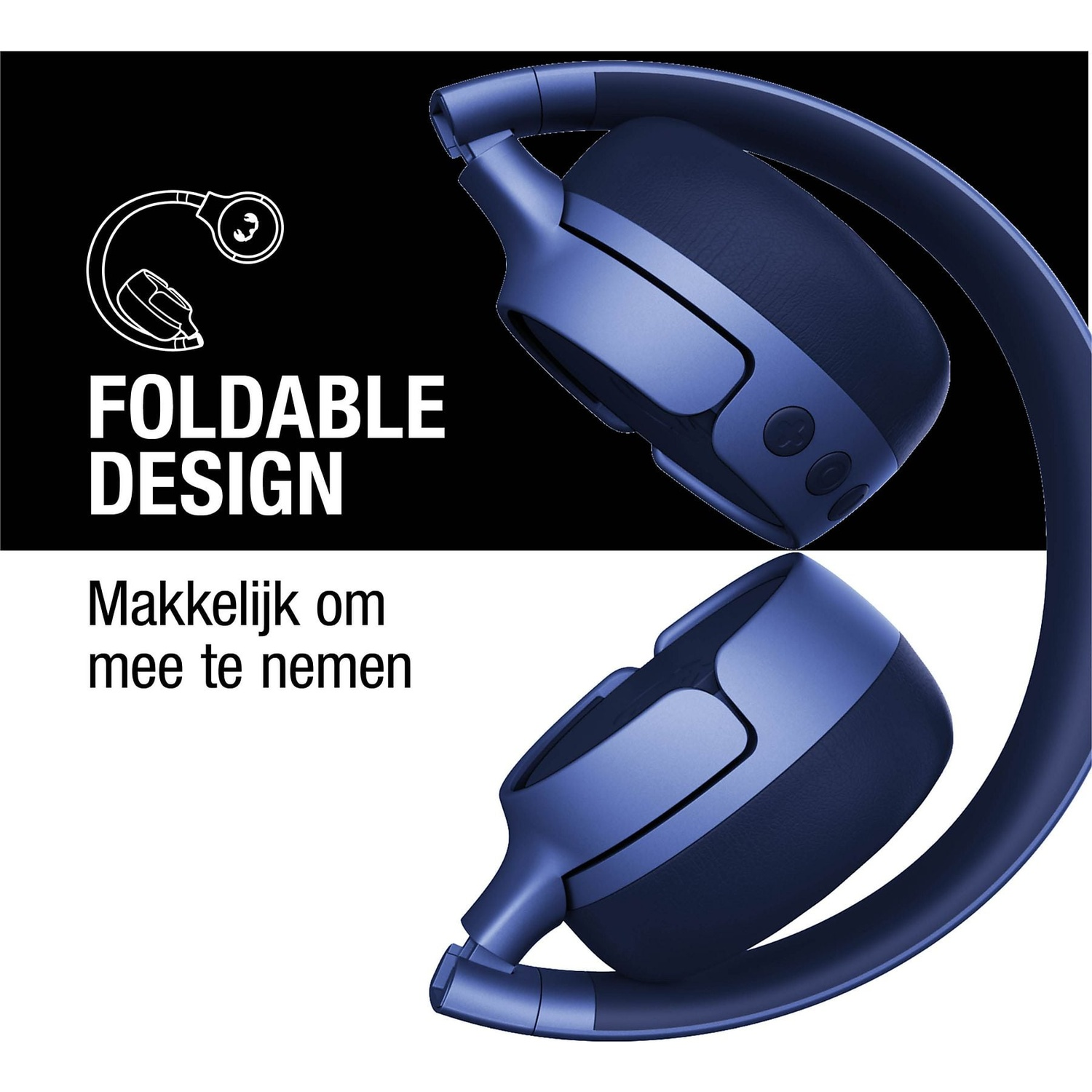 Blauwe opvouwbare koptelefoon met knoppen en tekst.