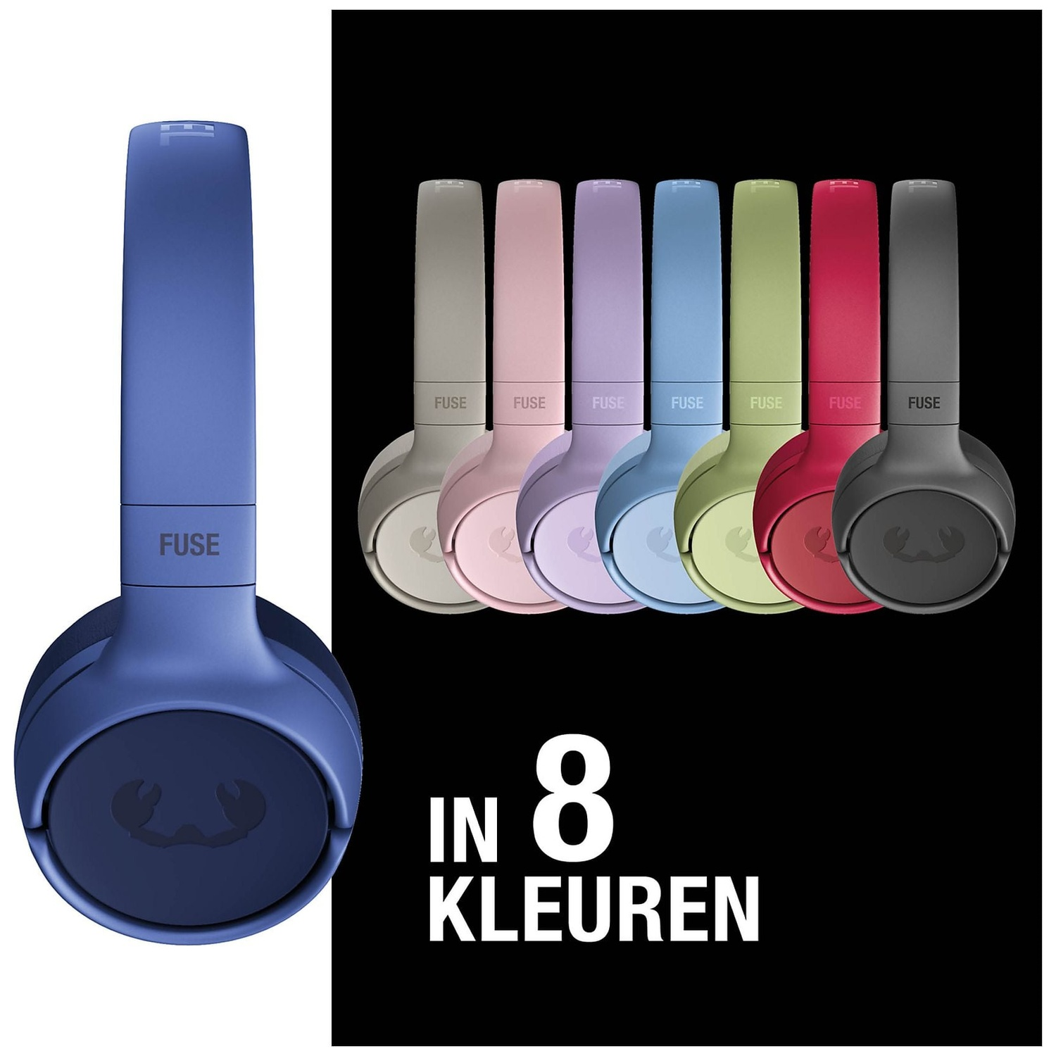 Een blauwe koptelefoon links, ernaast zeven andere koptelefoons in verschillende kleuren.