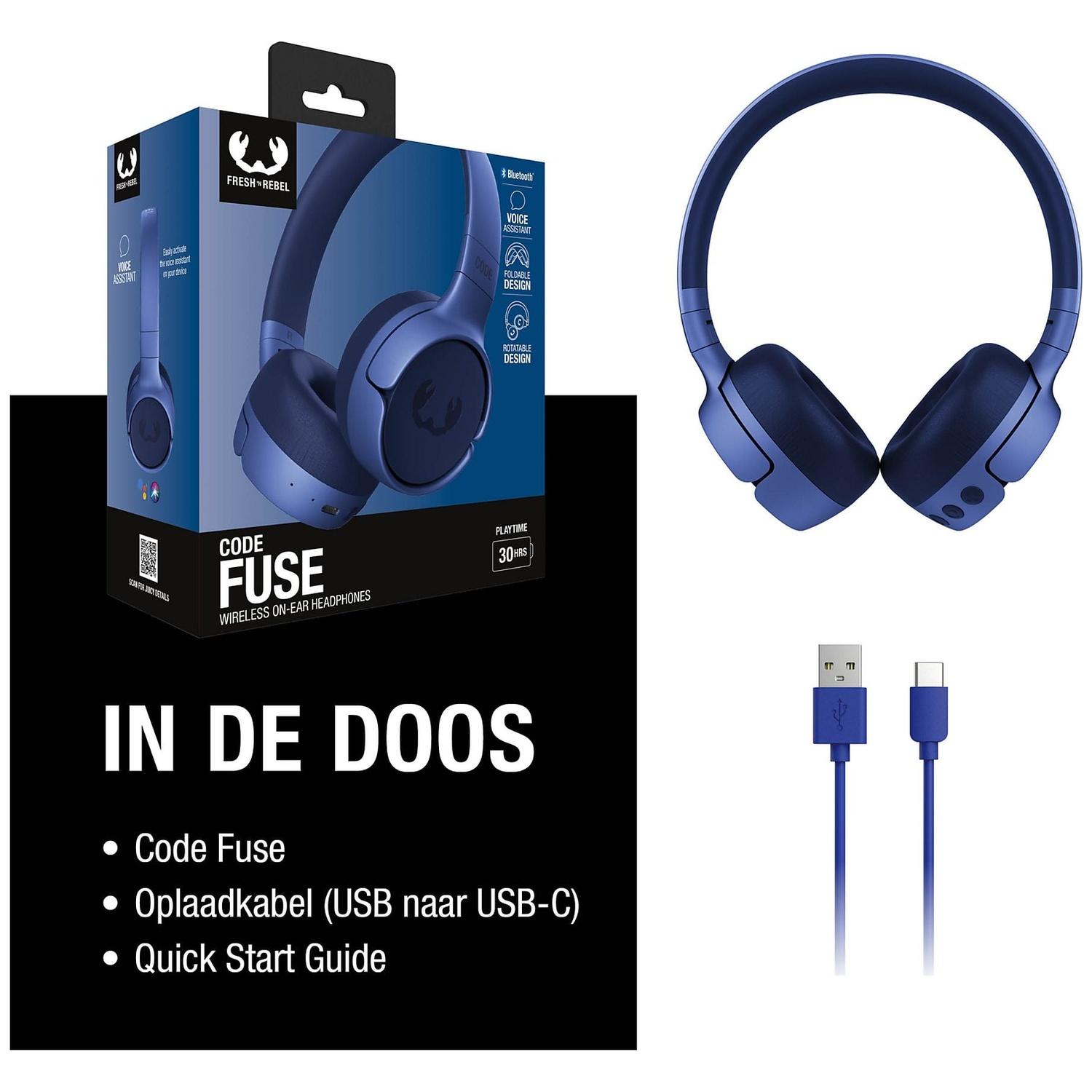 Blauwe koptelefoon in doos en los, met laadkabel en USB-C kabel.