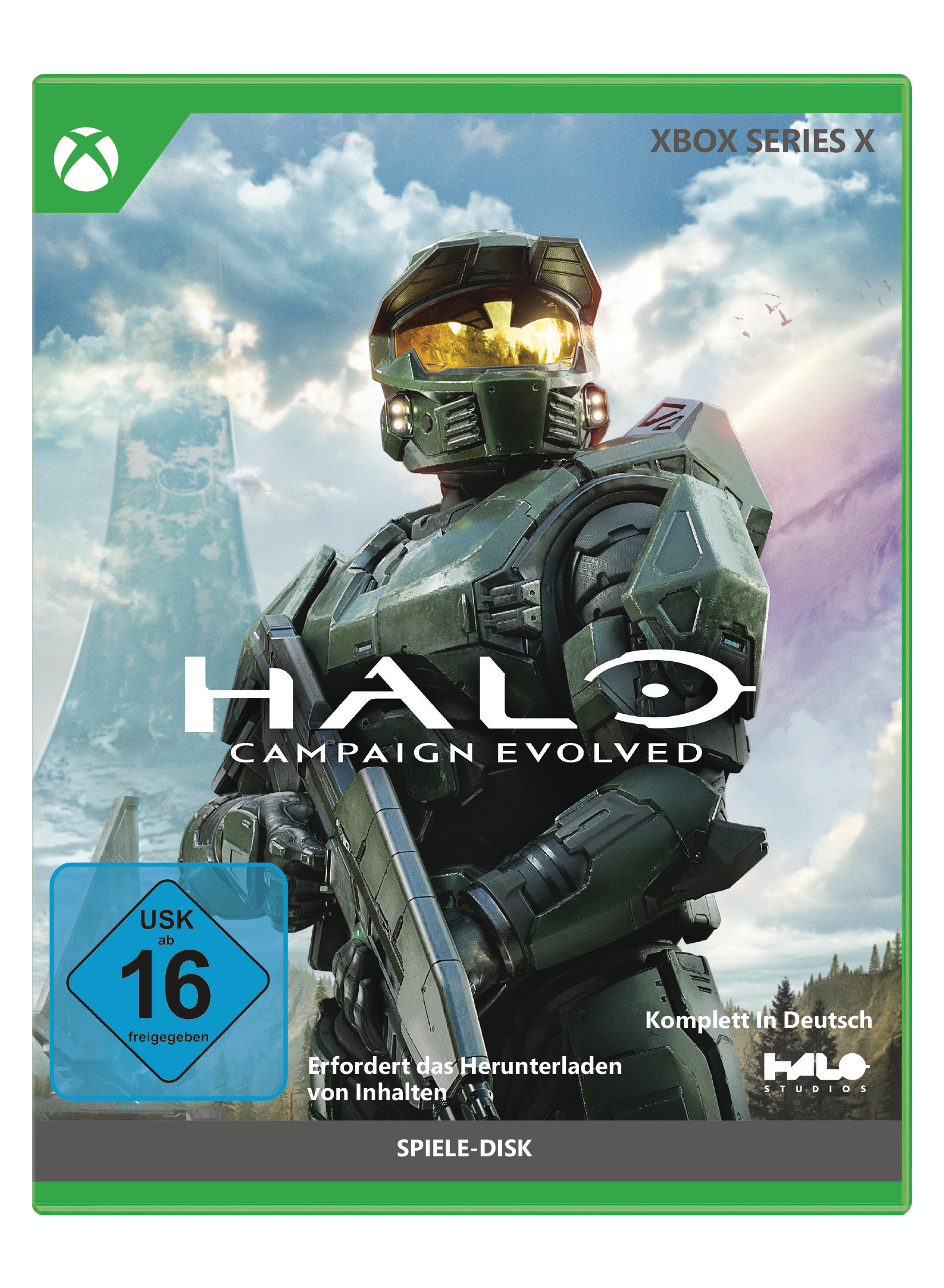 Master Chief in grüner Rüstung vor bewölktem Himmel mit Halo-Logo.