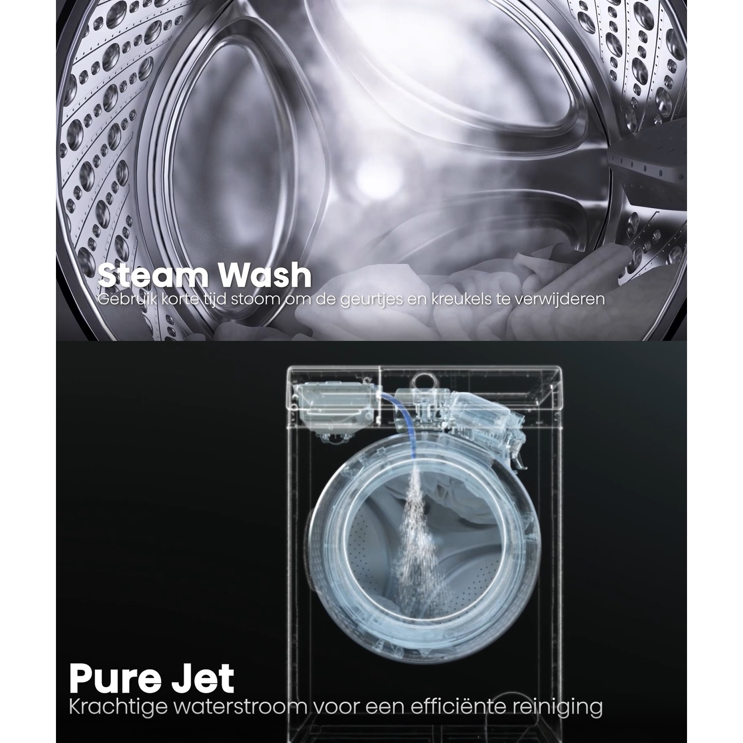 Lavage vapeur et jet d'eau dans une machine à laver.
