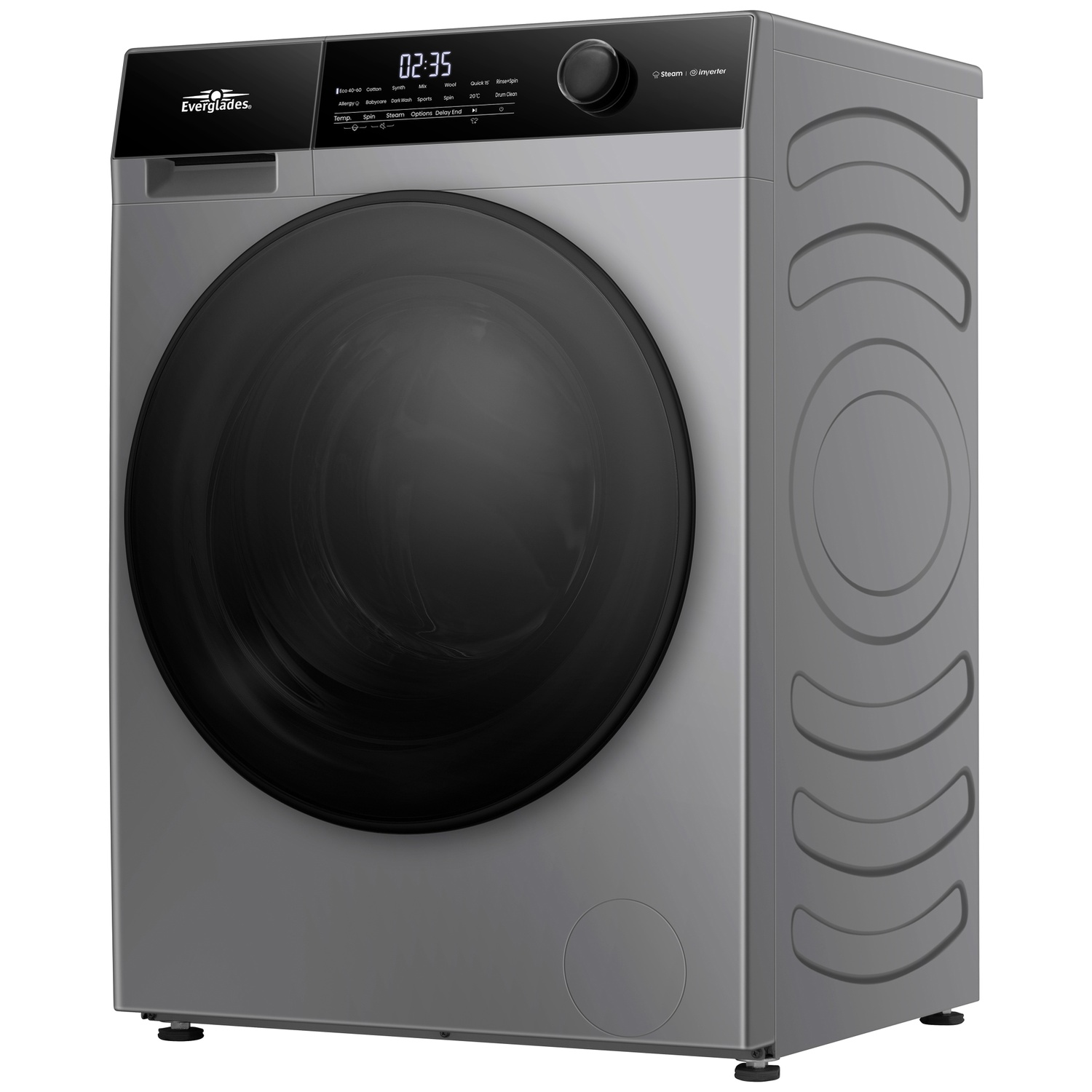 Une machine à laver moderne grise à chargement frontal avec porte noire et écran numérique.