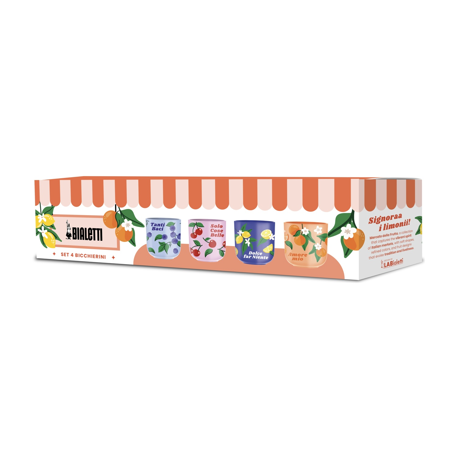 Set di 4 bicchieri Bialetti con disegni di frutta: mirtilli, ciliegie, limoni, arance.