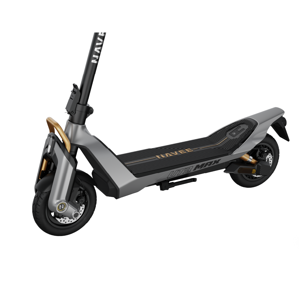 Altın aksanlı gri elektrikli scooter, siyah tabanlı. Marka: Navee.