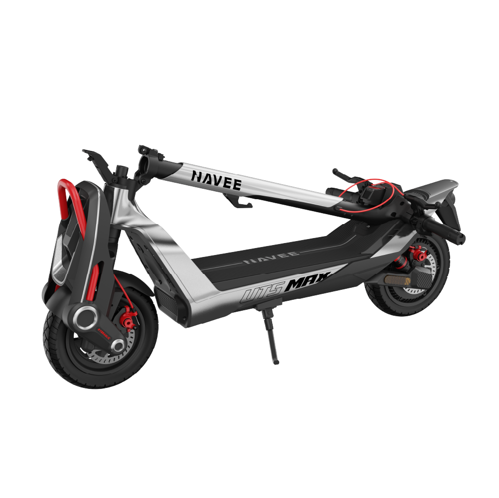 Kırmızı vurgulu gümüş ve siyah Navee UTS MAX elektrikli scooter gösteriliyor.