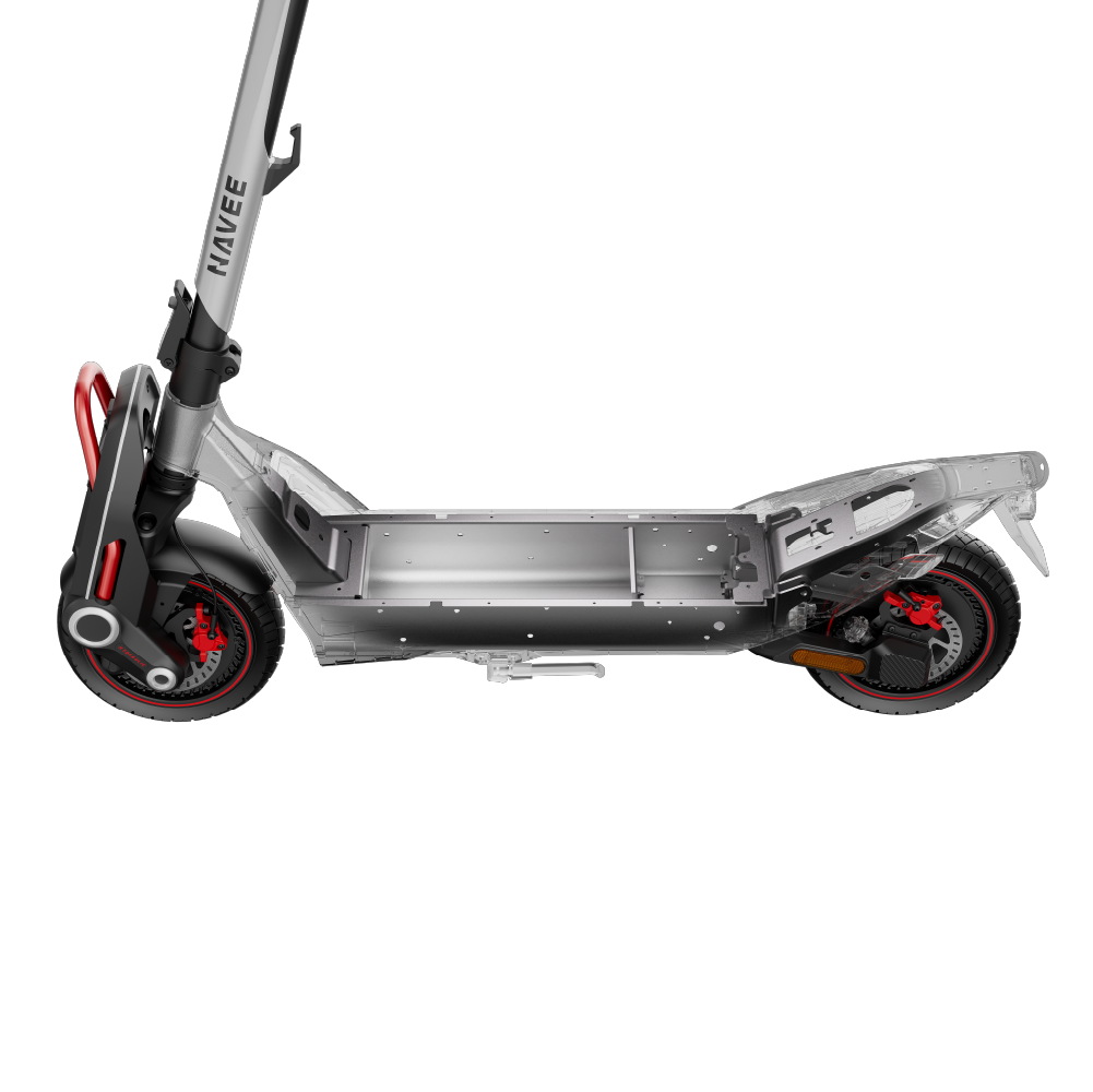 Gümüş gidonlu ve kırmızı vurgulu şeffaf elektrikli scooter.