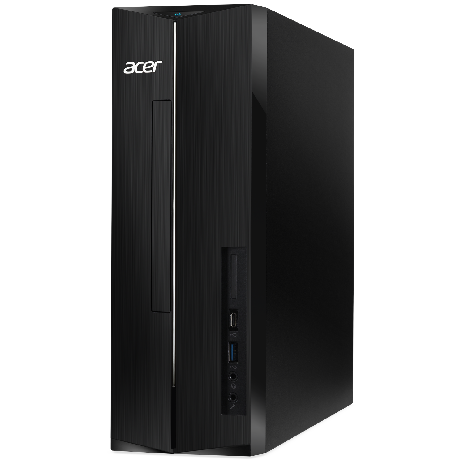 Black Acer tower PC with a brushed front panel and ports.