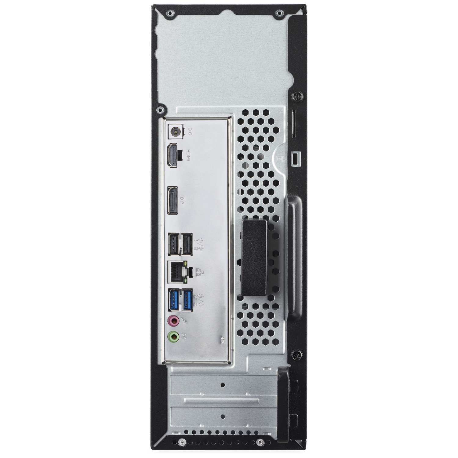 Rear view of a computer tower showing ports: HDMI, DP, USB, audio jacks, and power.