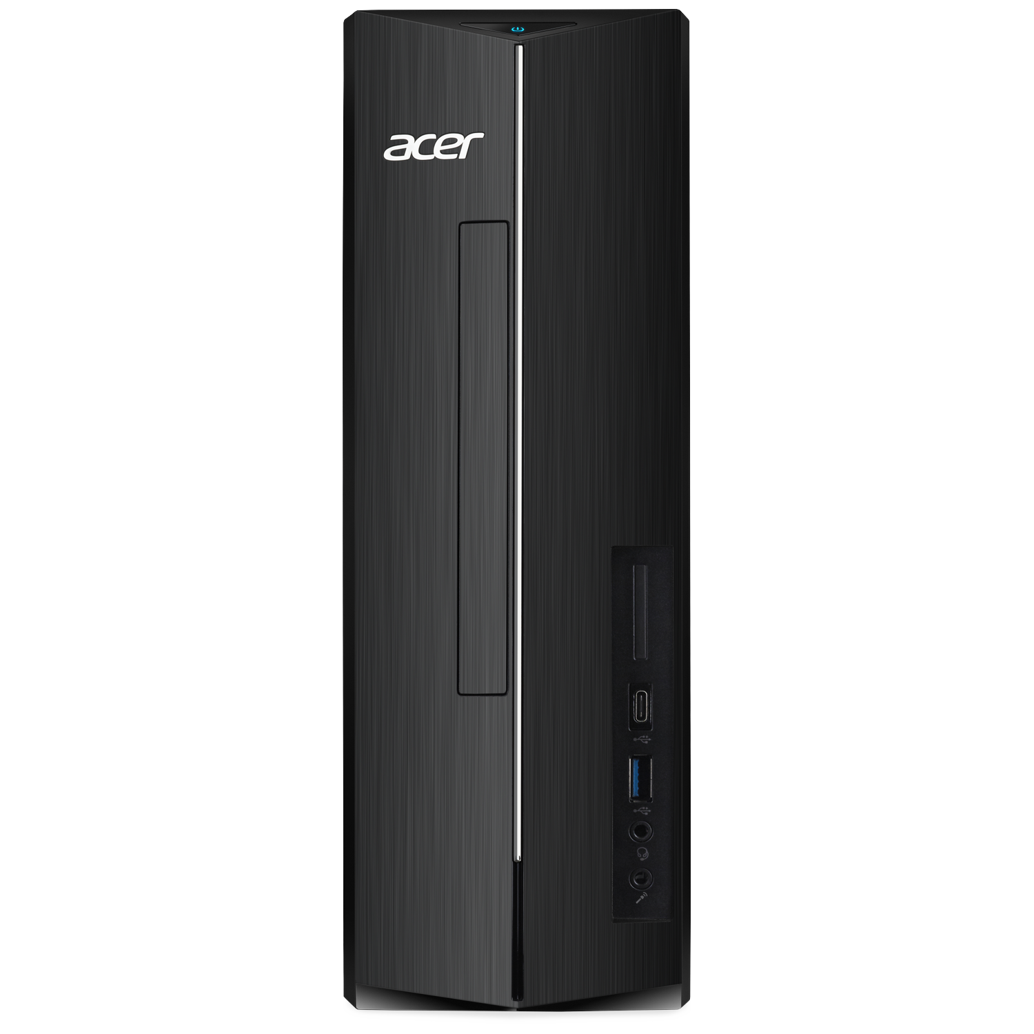 Black Acer PC tower with brushed finish and silver logo. Front ports visible.