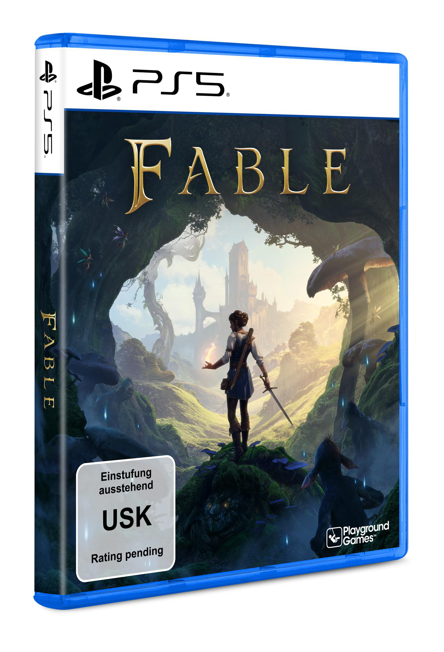 Fable PS5 Spielhülle mit einer Frau, die ein Schwert hält, vor einer Burg.