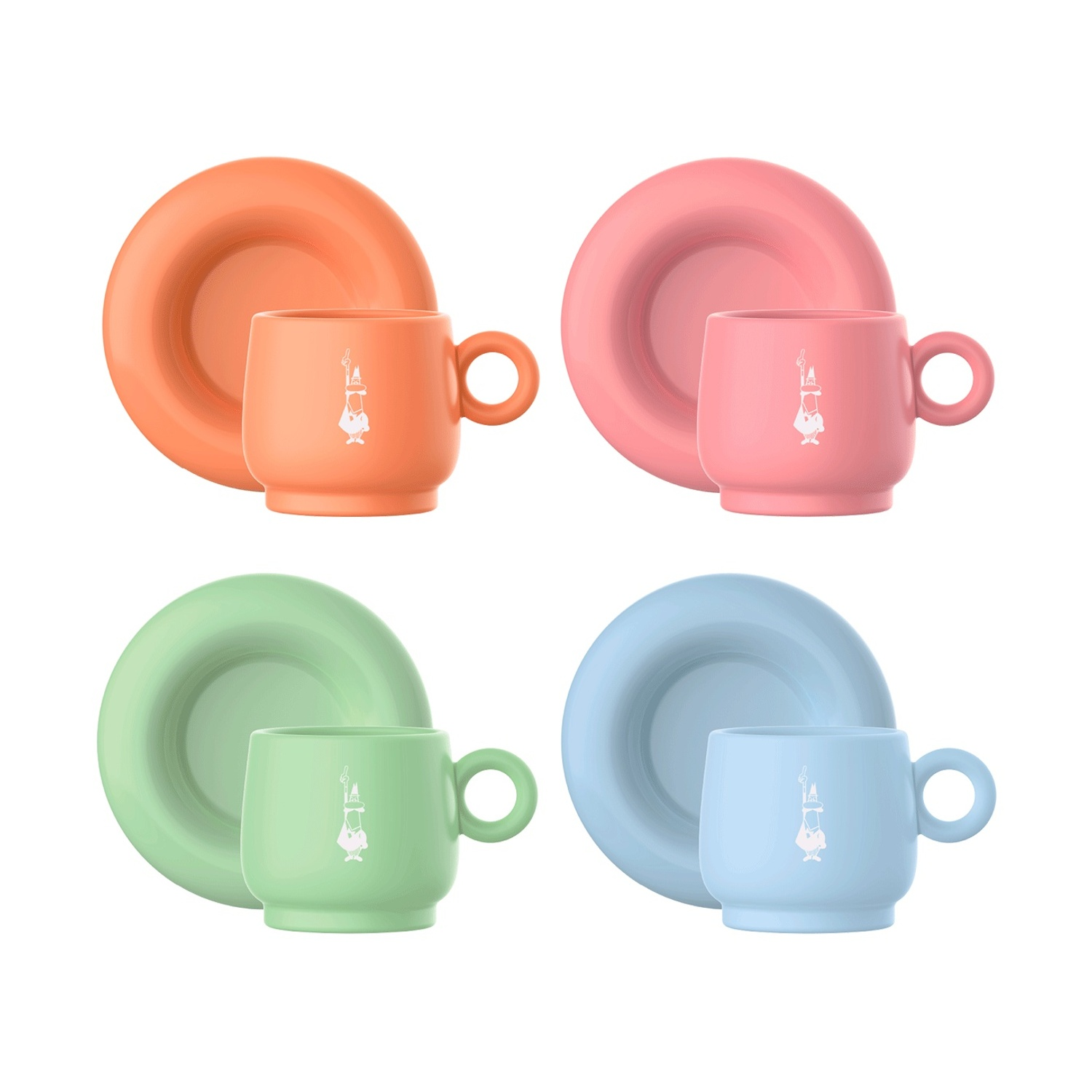 Quattro tazze e piattini in arancione, rosa, verde e blu.