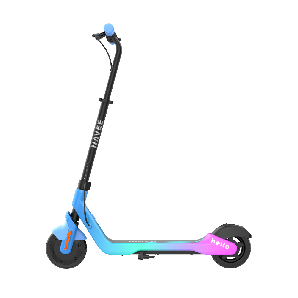 Siyah gidonlu ve tekerlekli mavi ve pembe Navee elektrikli scooter.