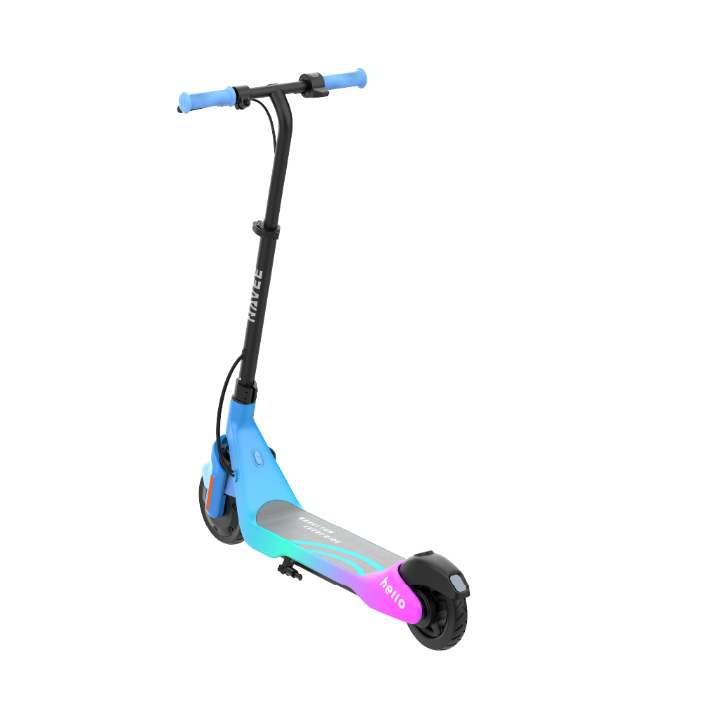 Mavi elektrikli scooter, üzerinde pembe ve yeşil vurgular.