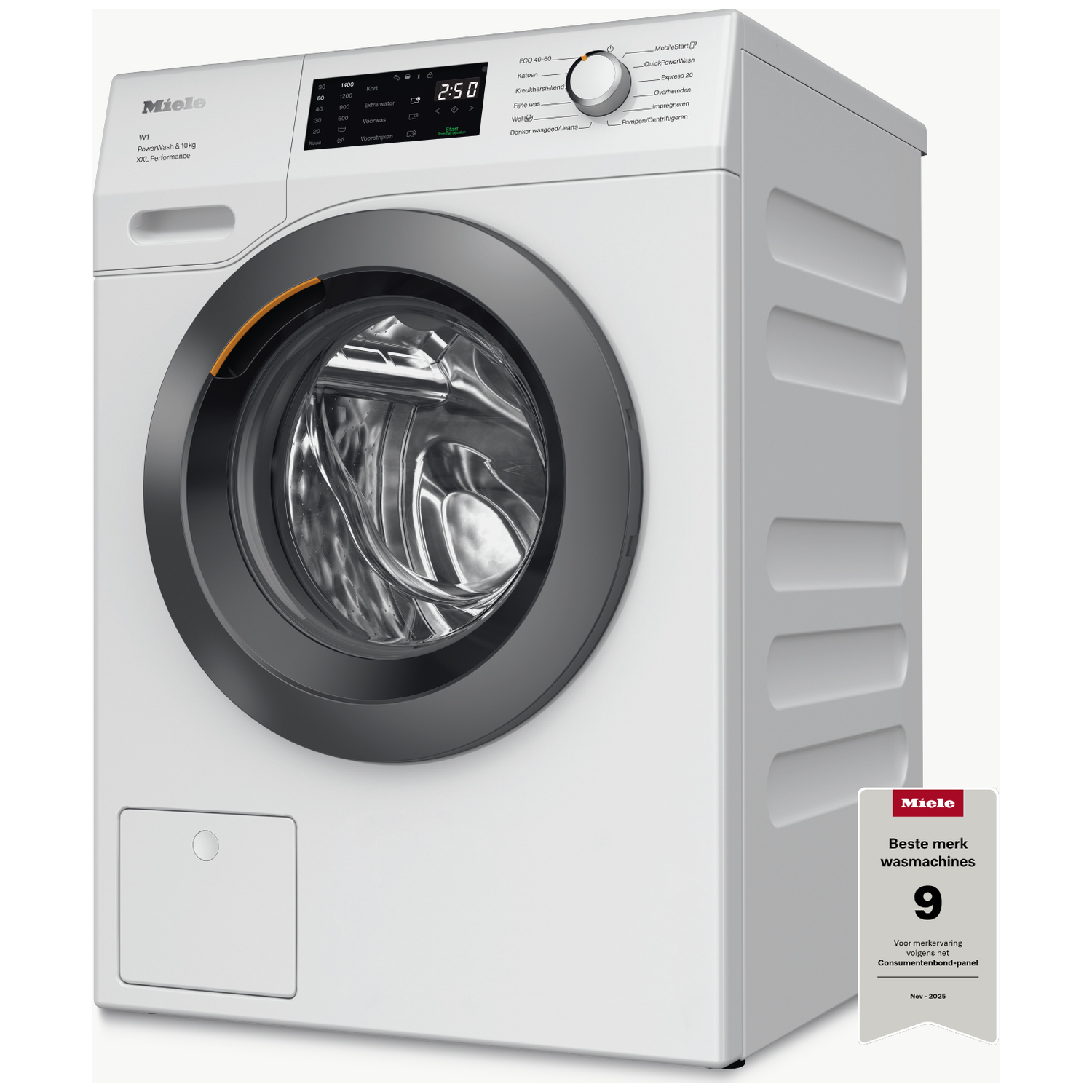 White Miele washing machine with black door and control panel. Award on the right.