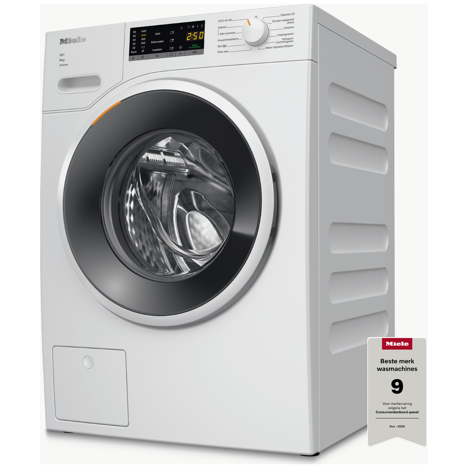 Een witte Miele wasmachine met een zilverkleurig patrijspoort en digitaal display.