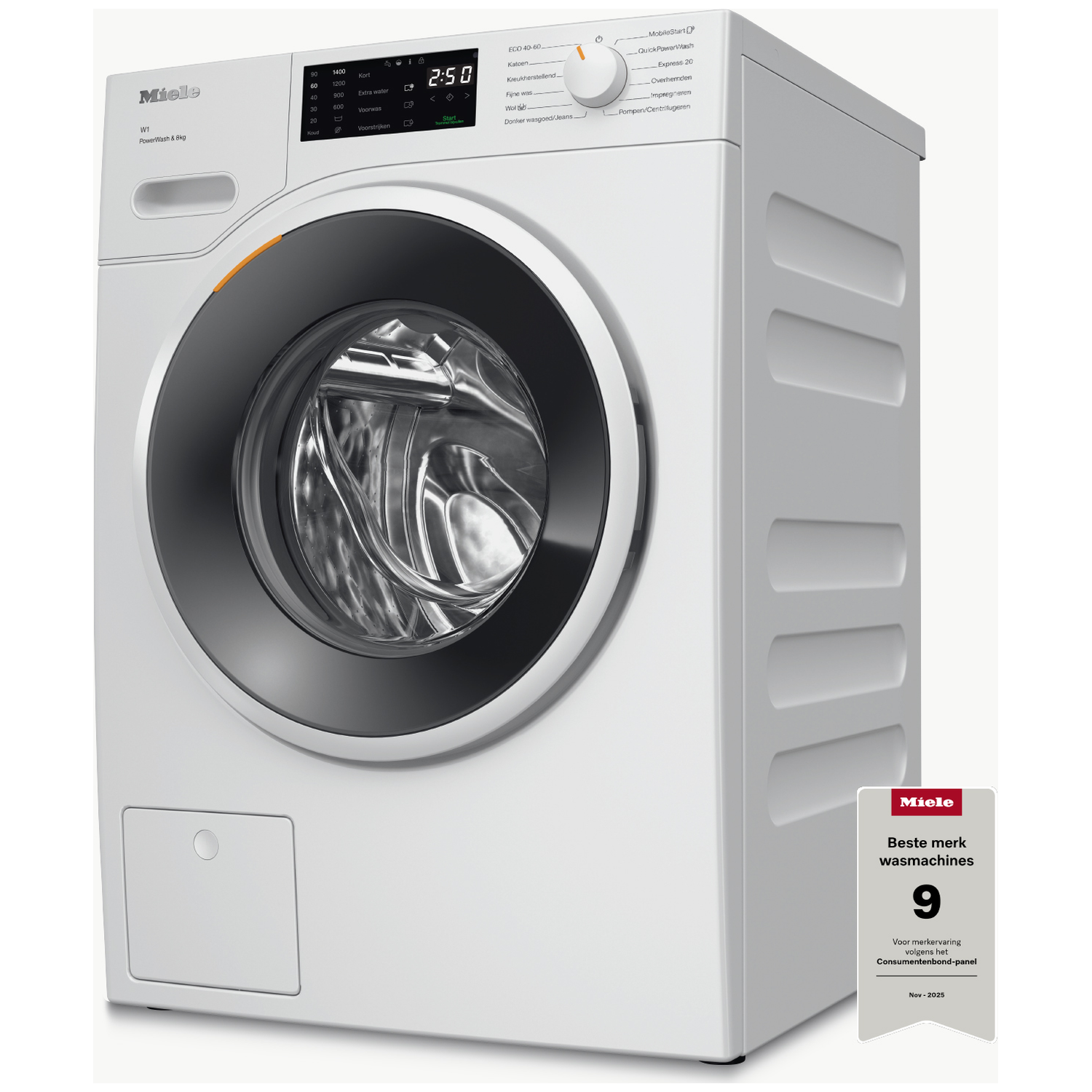 White Miele washing machine with digital display and silver trim around the door.