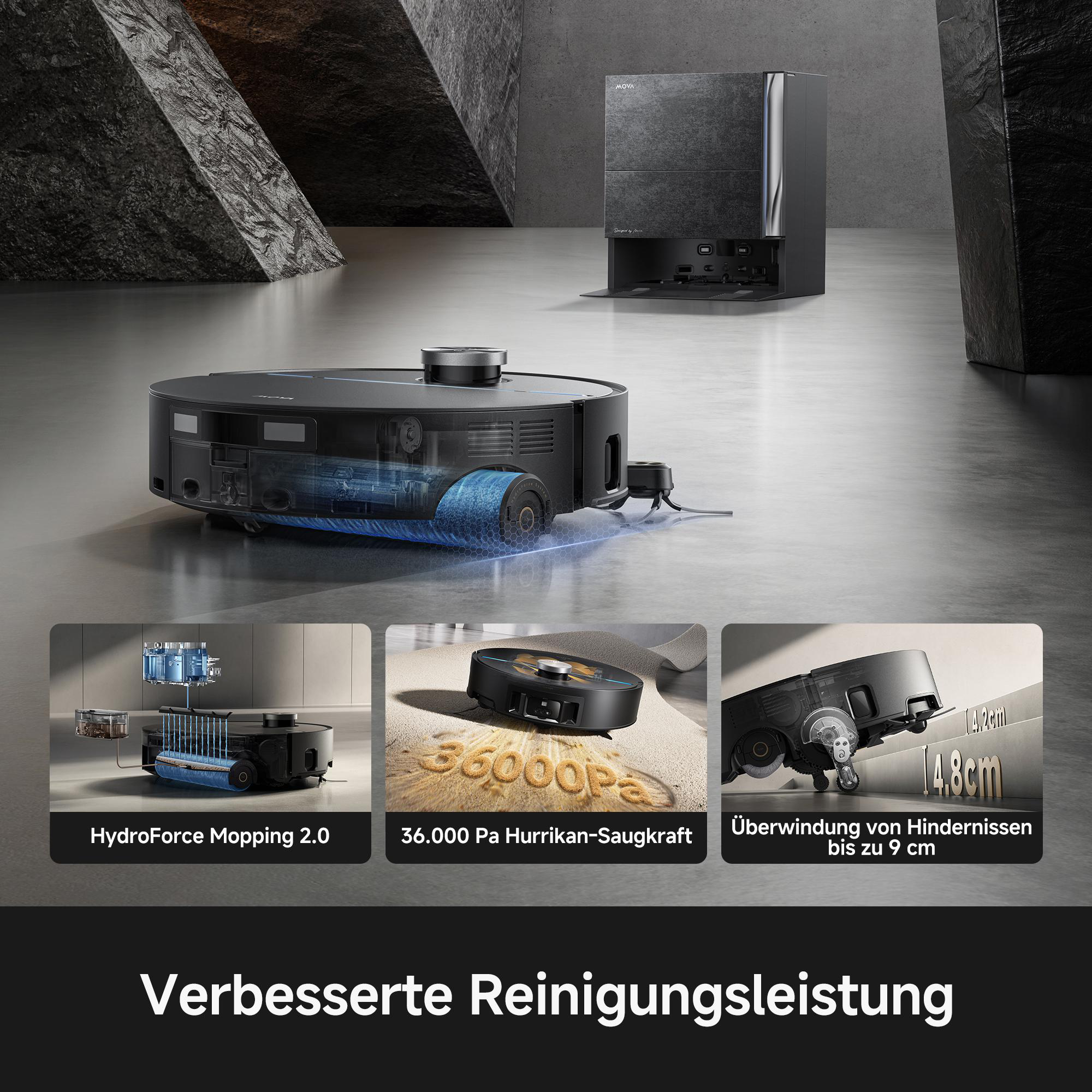 Ein Saugroboter mit Moppfunktion, Ladestation und Detailansichten.