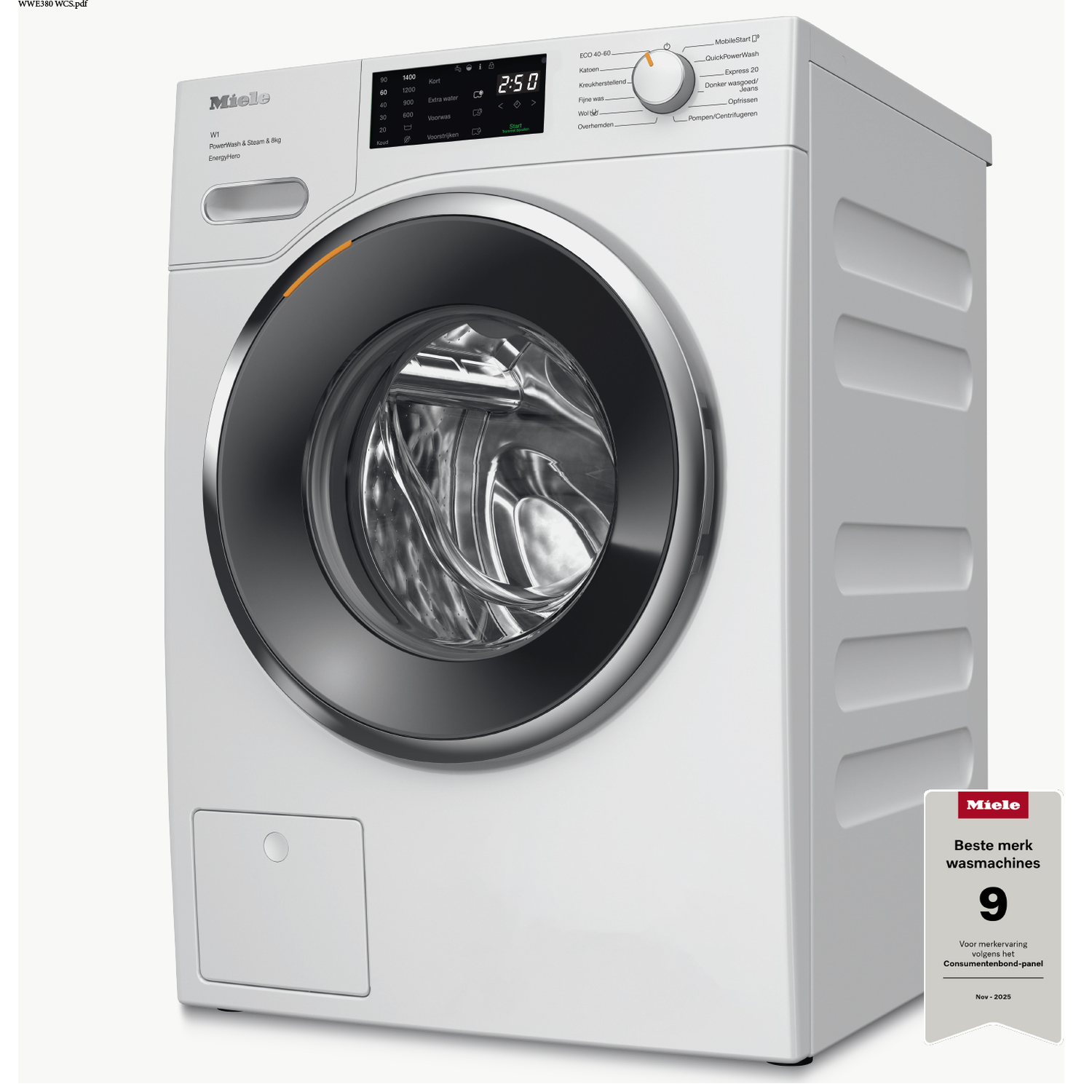 Een witte Miele wasmachine met zilveren deur en digitaal display.