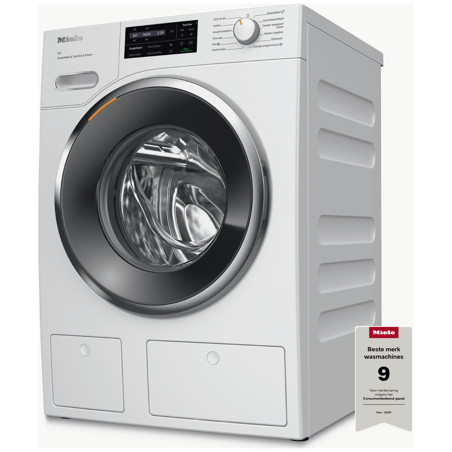 White Miele washing machine with display and silver ring around the door. Award on the right.