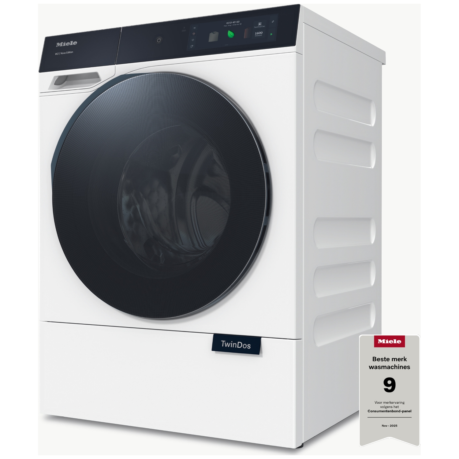 A white Miele washing machine with a black door and silver control panel.