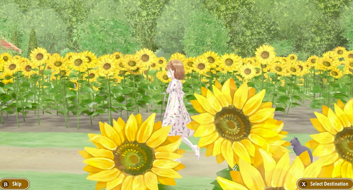 Mädchen in einem gemusterten Kleid geht durch ein Sonnenblumenfeld mit Bäumen im Hintergrund.