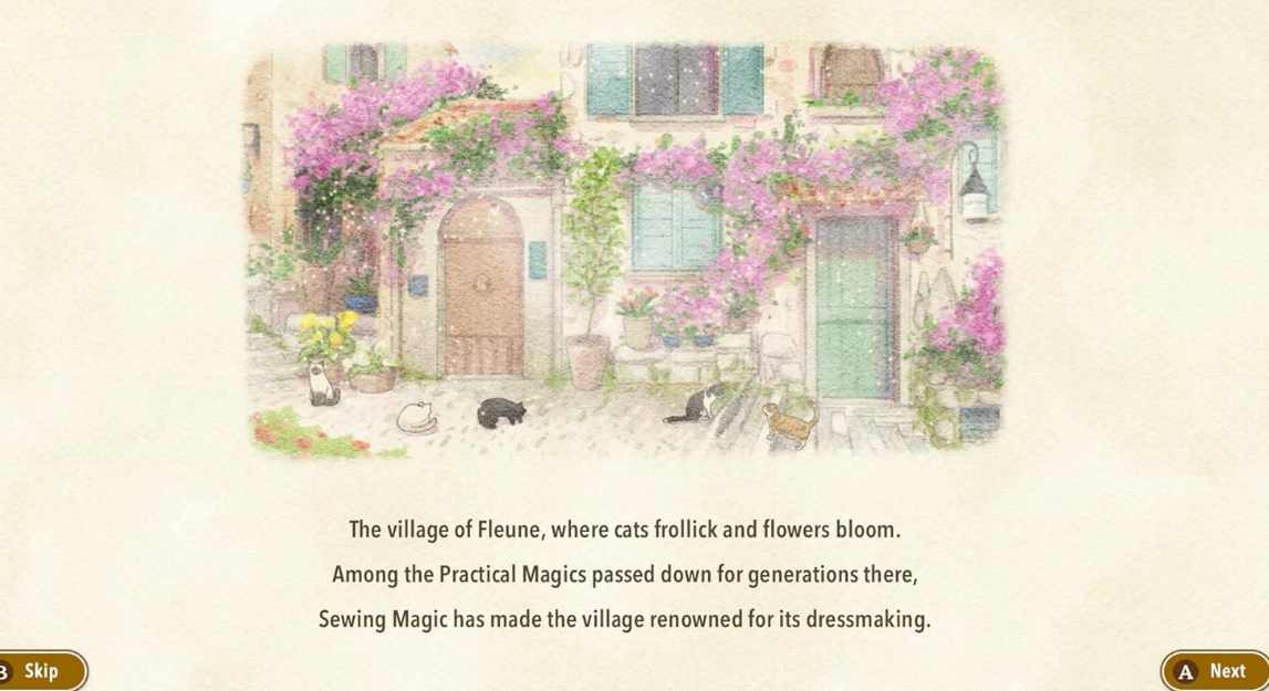 Dorf mit blühenden Blumen und Katzen vor Gebäuden.