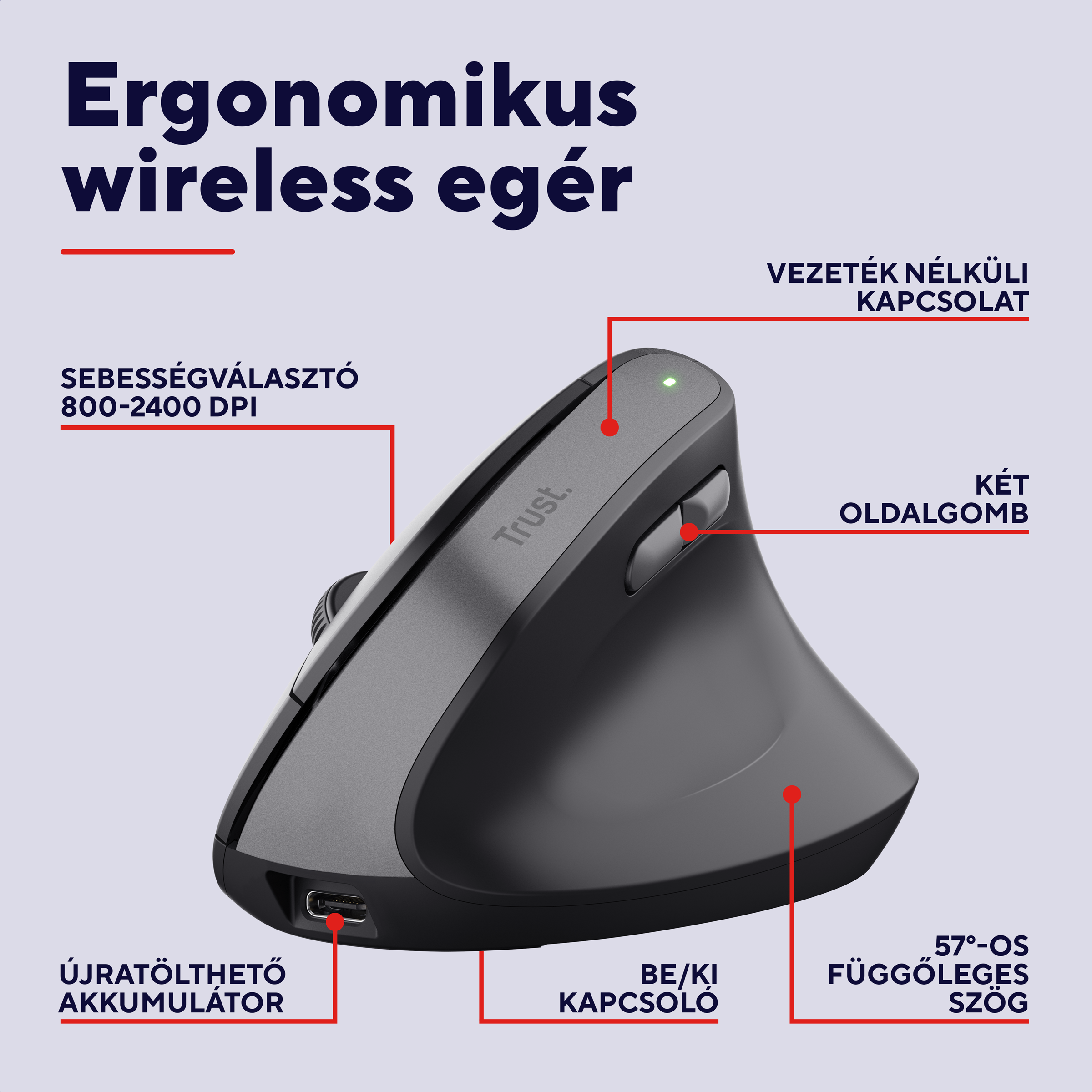 Ergonomikus vezeték nélküli egér DPI-vel, akkumulátorral, oldalgombokkal.