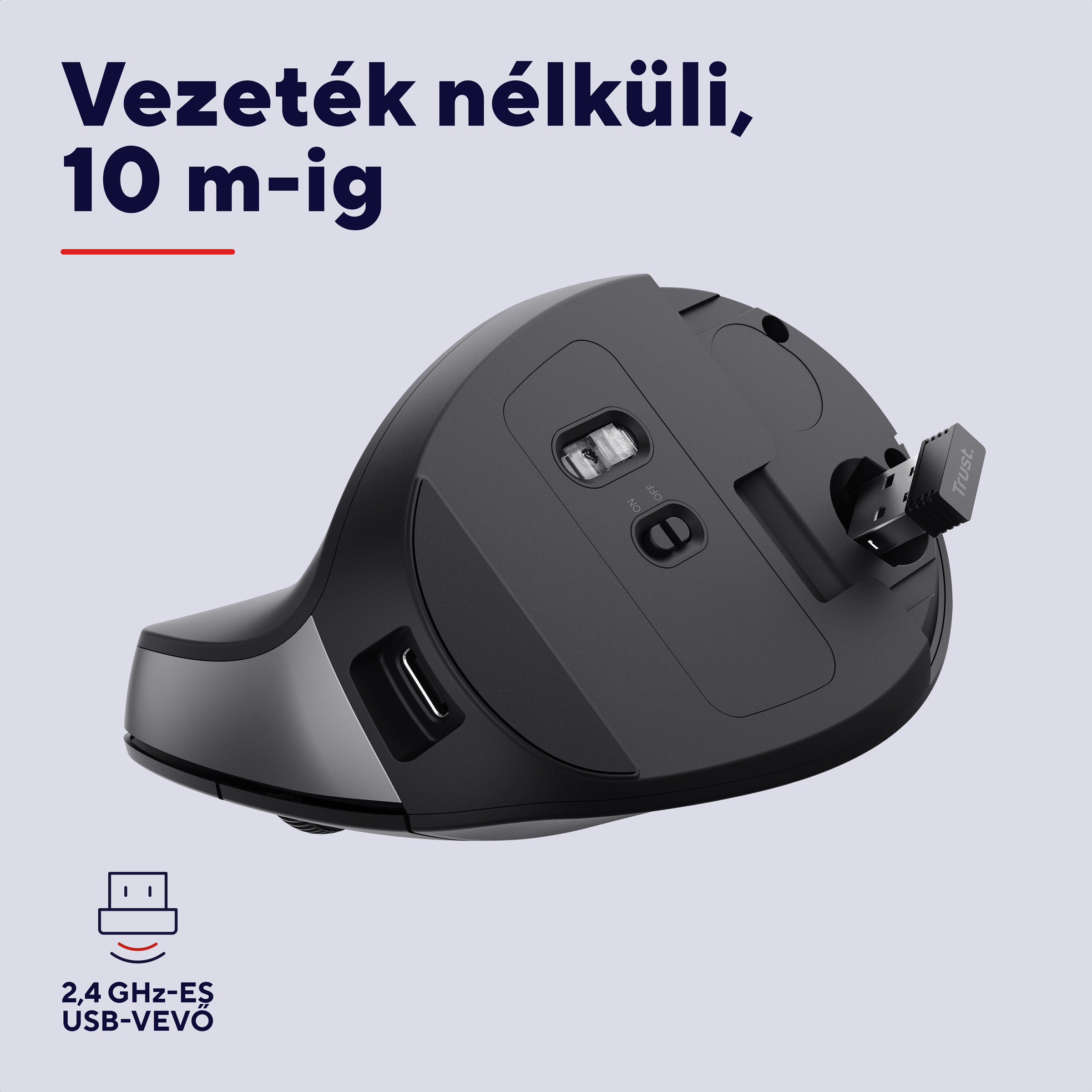 Fekete egér USB vevővel és szöveggel. Vezeték nélküli 10m-ig.