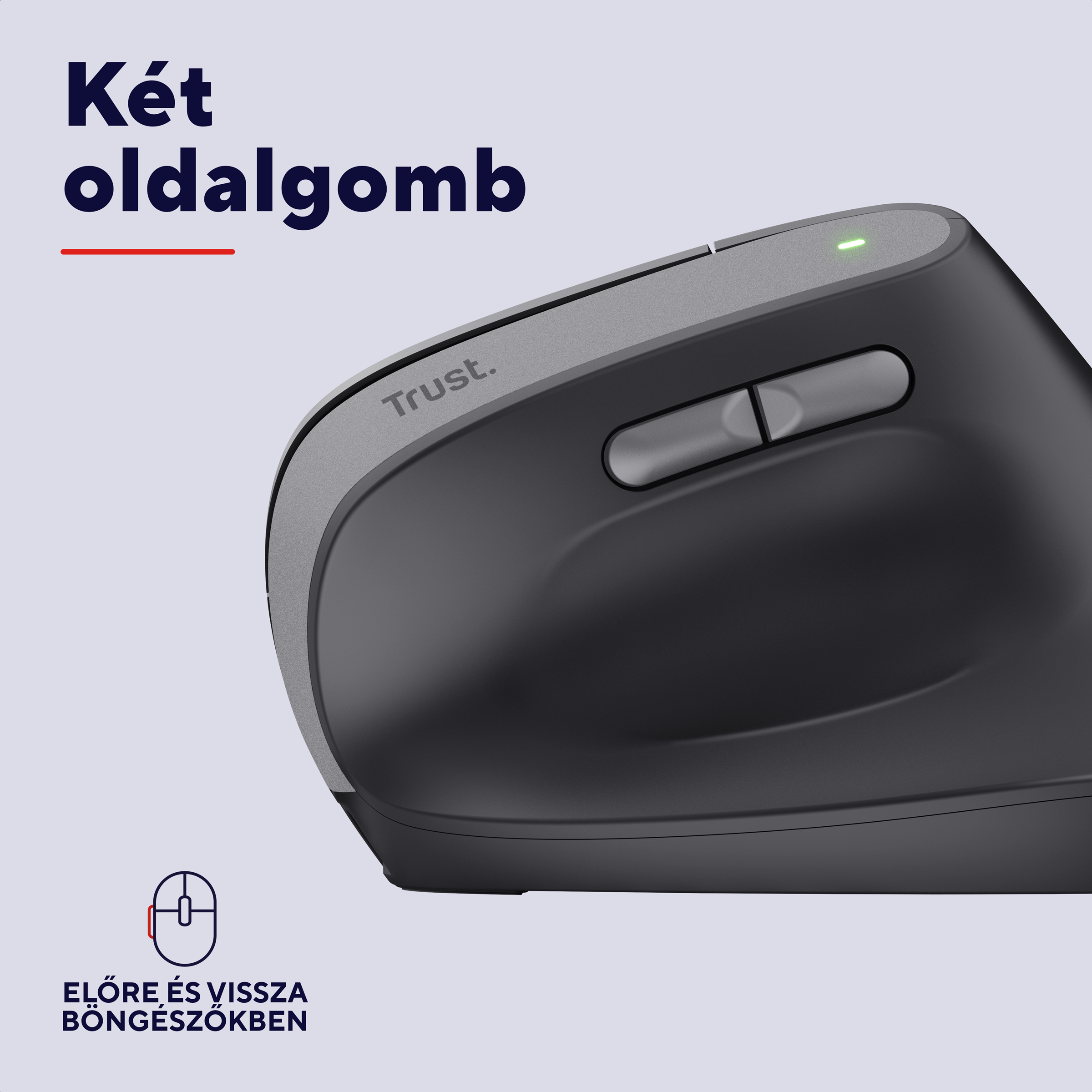 Fekete ergonomikus egér közelről, görgetőkerékkel és két gombbal.