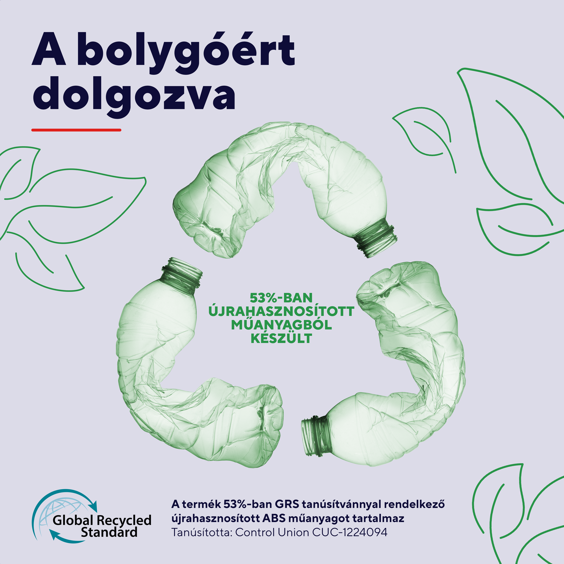 Zöld, gyűrött műanyag palackok alkotnak újrahasznosítási szimbólumot. Szöveg: 53% újrahasznosított.