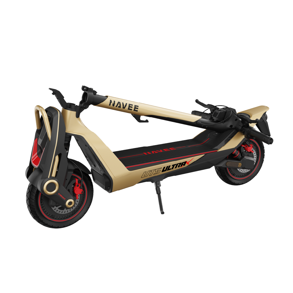 Kırmızı vurgulu altın ve siyah elektrikli scooter, beyaz arka plan üzerinde.