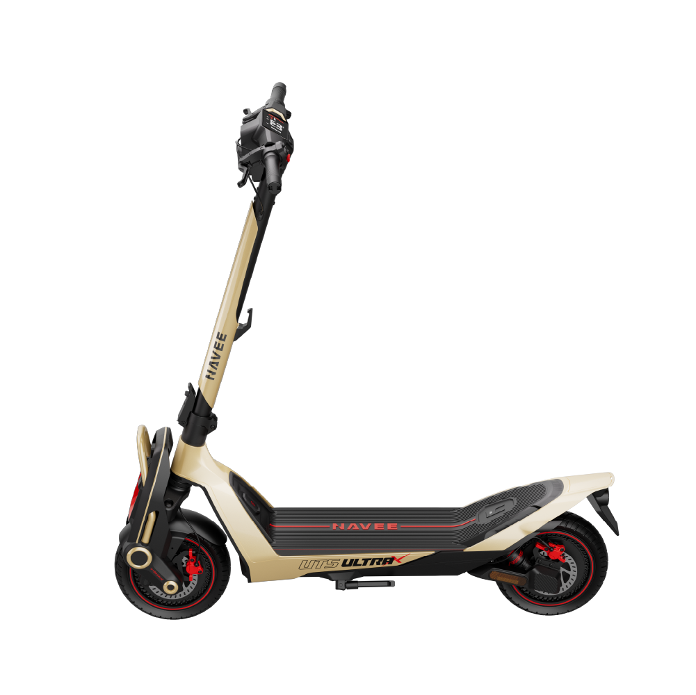 Siyah ve kırmızı vurgulu, bej renkli Navee UTS ULTRX elektrikli scooter.