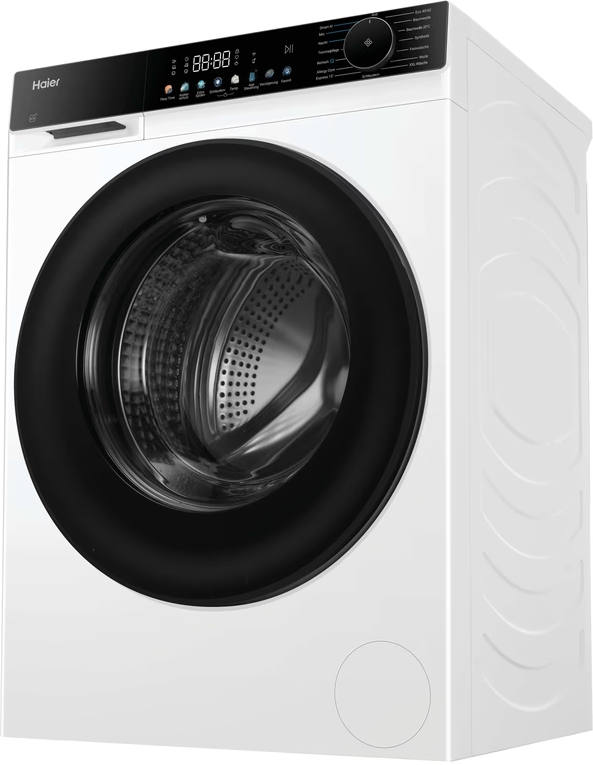 Eine weiße Haier-Waschmaschine mit schwarzer Tür und digitalem Display.