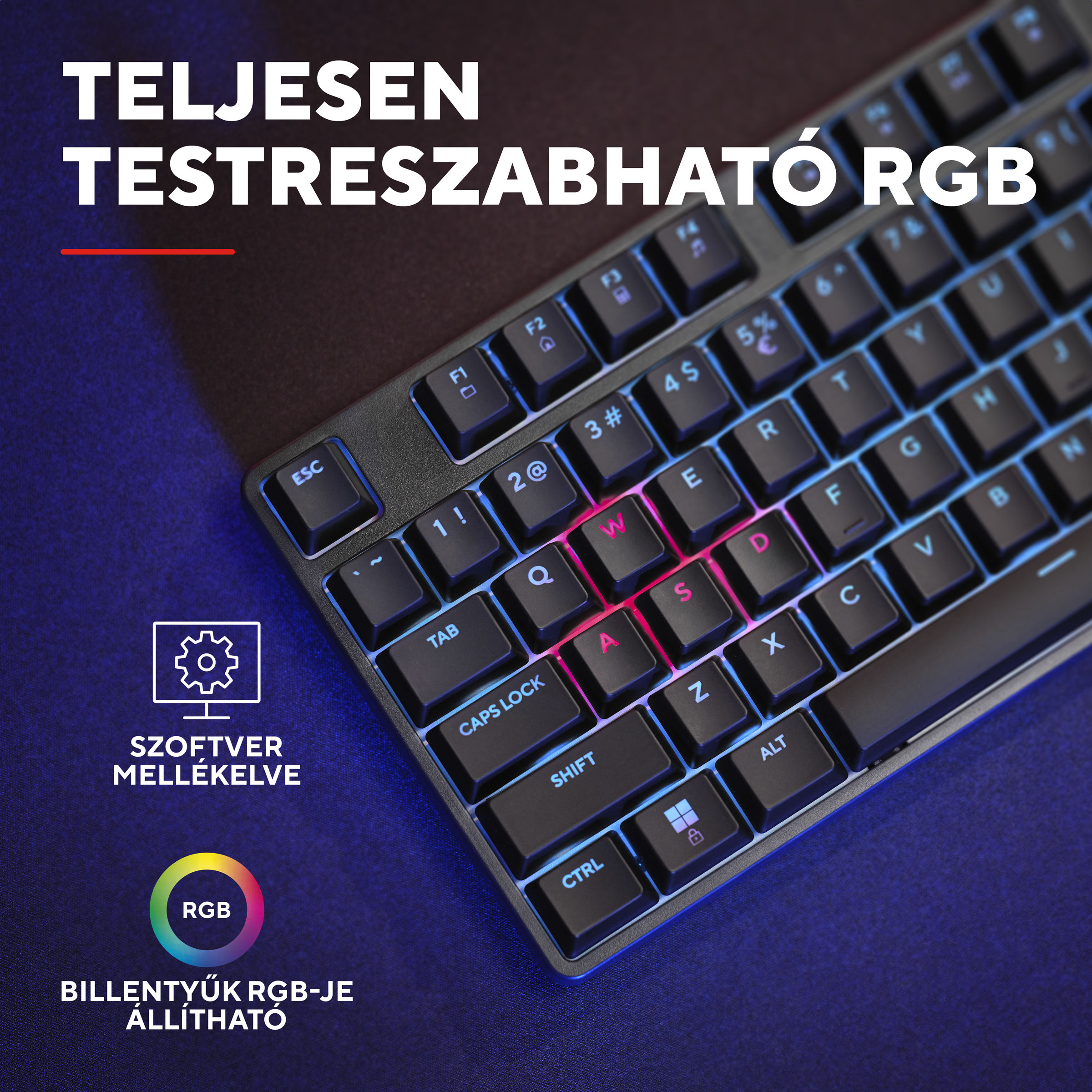 Egy fekete billentyűzet testreszabható RGB világítással, szoftverrel.