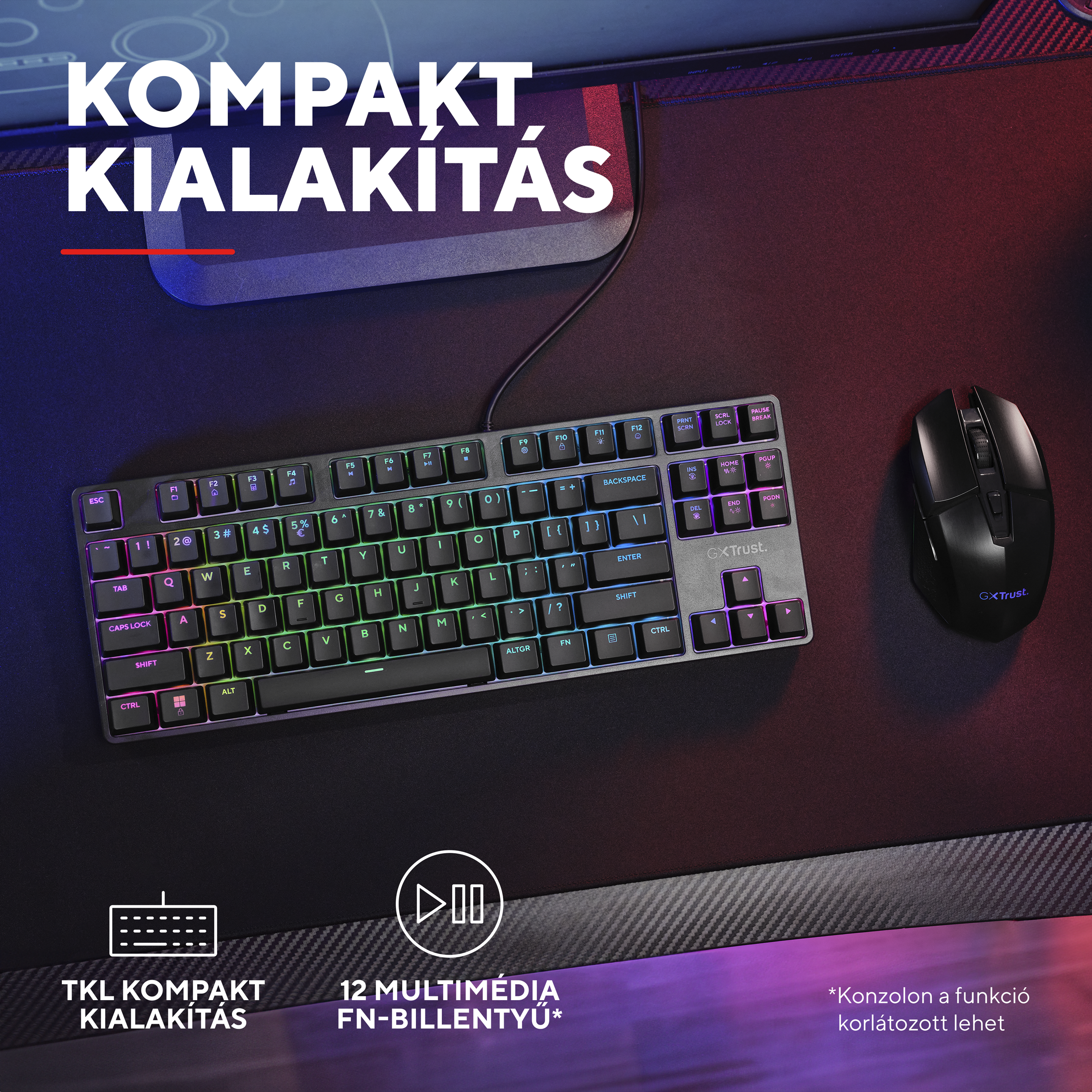 Fekete gamer billentyűzet és egér sötét, texturált felületen RGB világítással.
