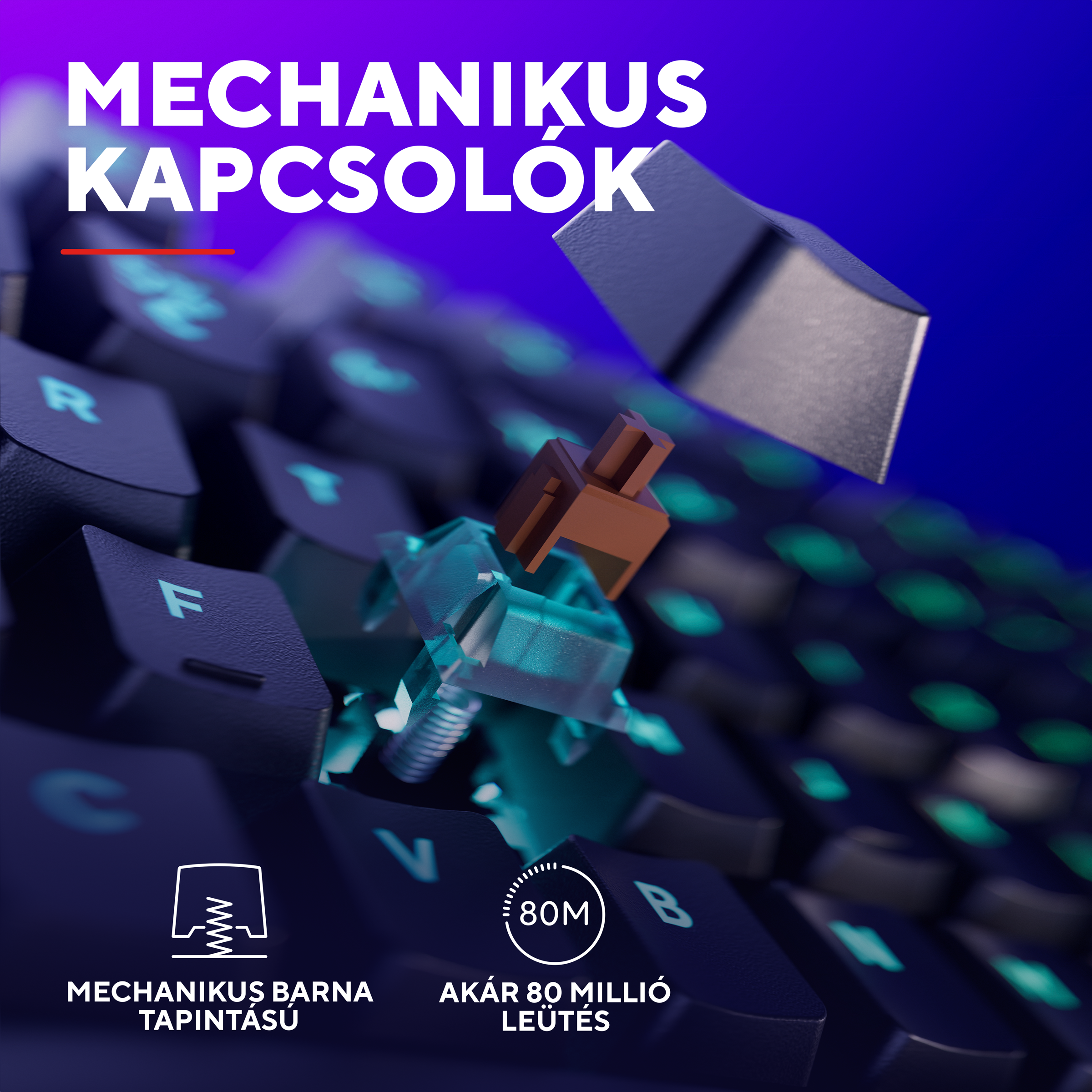 Mechanikus billentyűzetkapcsolók kék és lila megvilágítással. Barna kapcsolóra fókuszál.