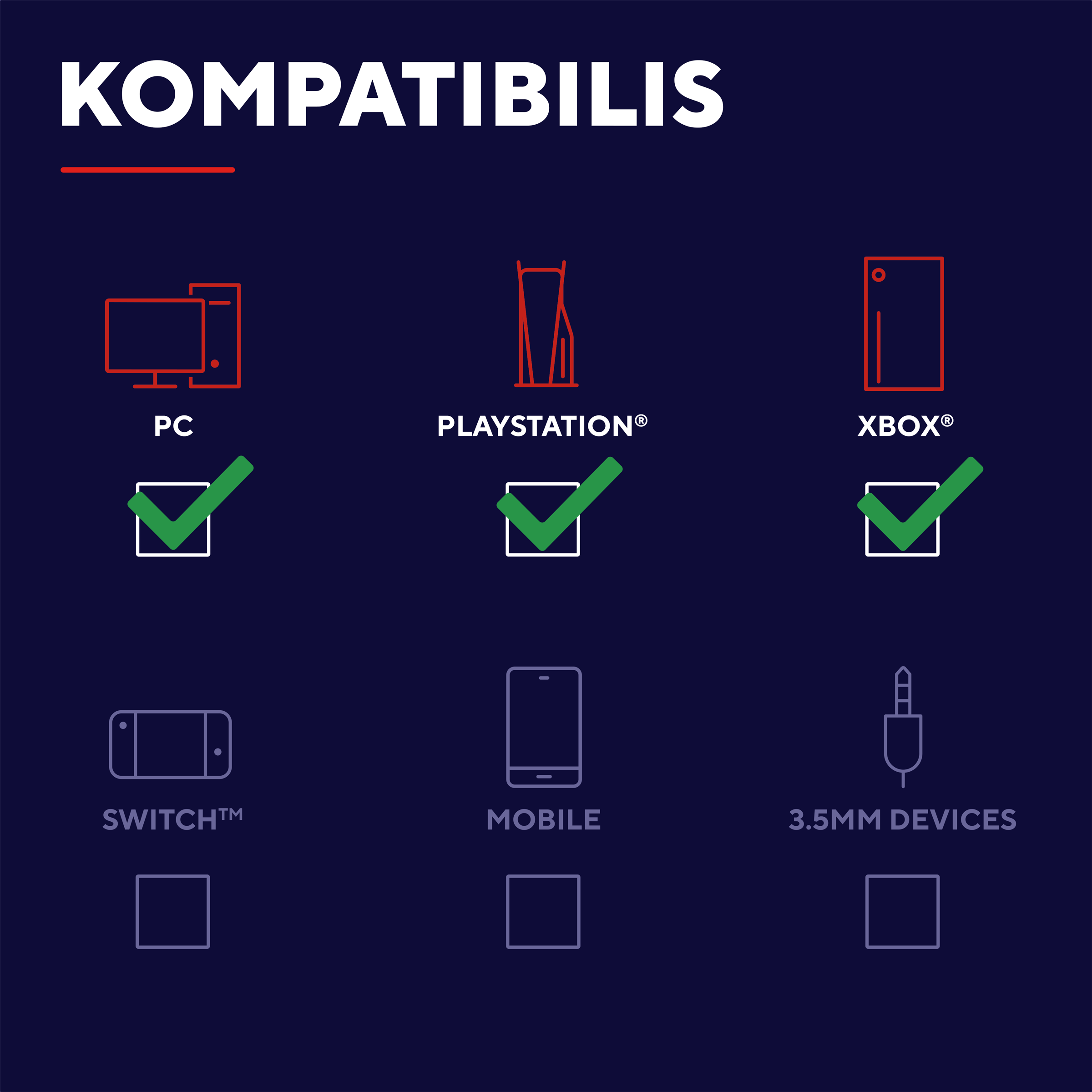 Kompatibilitási lista: PC, PlayStation, Xbox, Switch, Mobil, 3,5 mm-es eszközök.