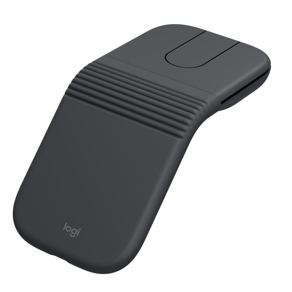 Un ratón ergonómico oscuro con agarre acanalado y área táctil en forma de U.