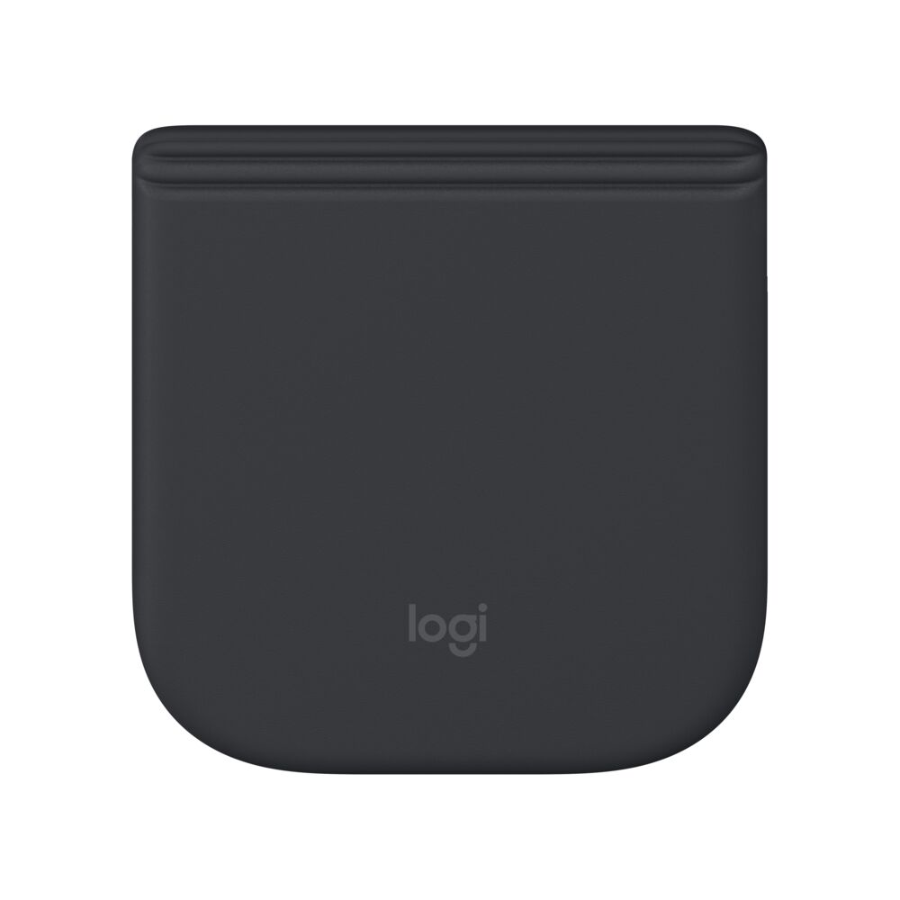 Un objeto rectangular oscuro con esquinas redondeadas y el logo de Logitech.