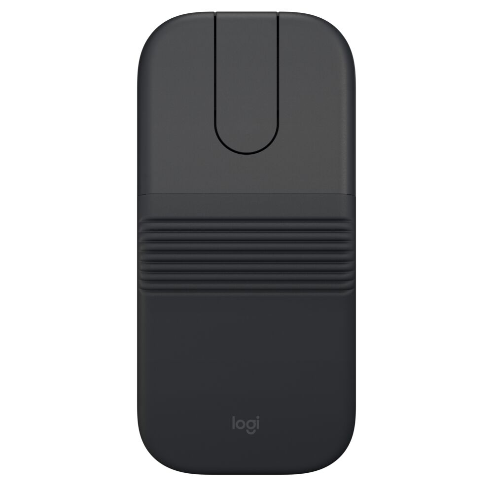 Un ratón Logitech negro con diseño en forma de U y ranuras horizontales.