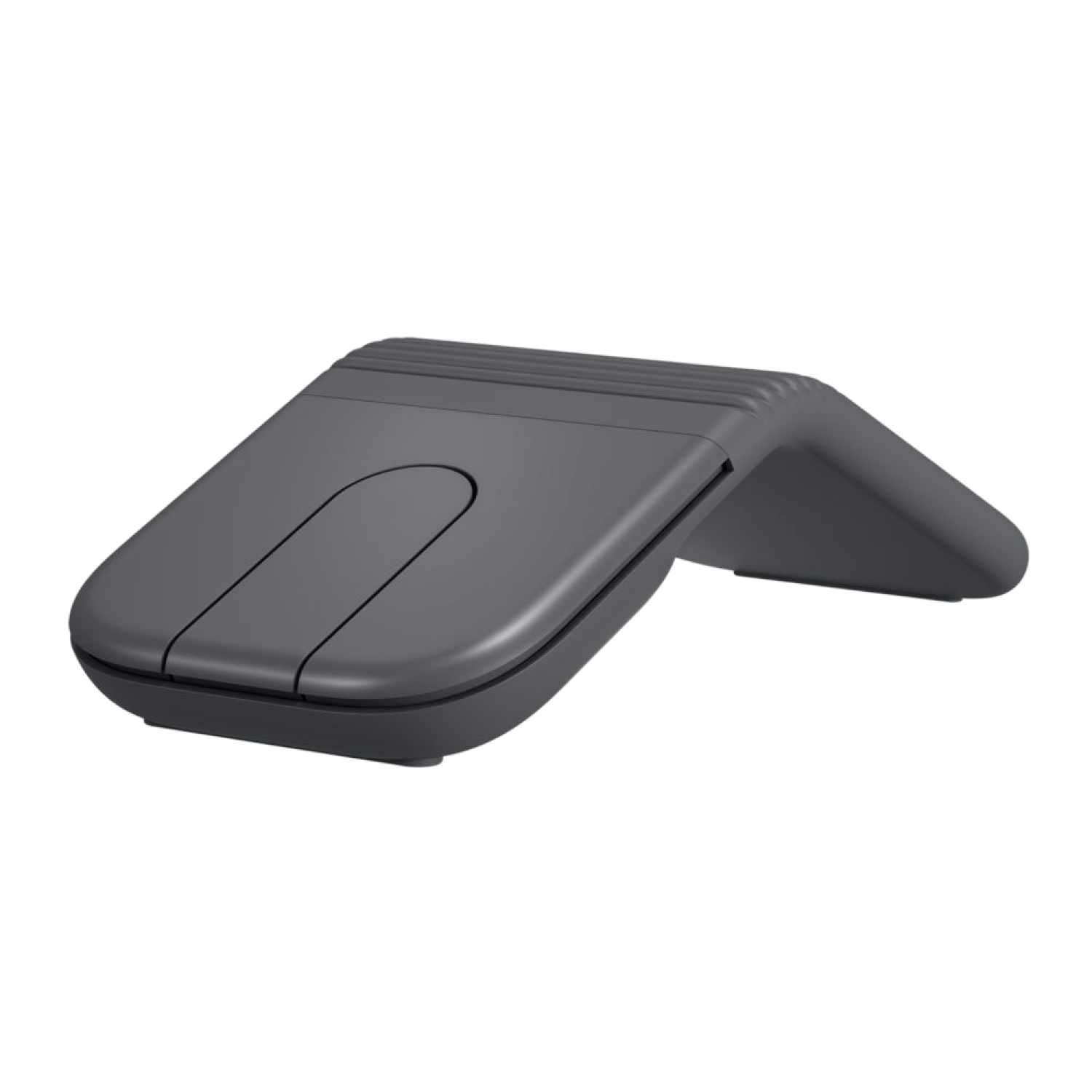 Prototipo de ratón de ordenador gris con diseño curvo sobre fondo negro.
