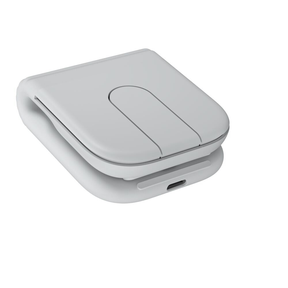 Carcasa de ratón gris plegable con puerto USB-C.