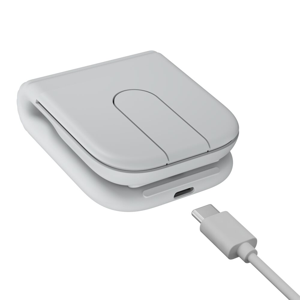 Dispositivo de carga plegable gris con puerto y cable USB-C.