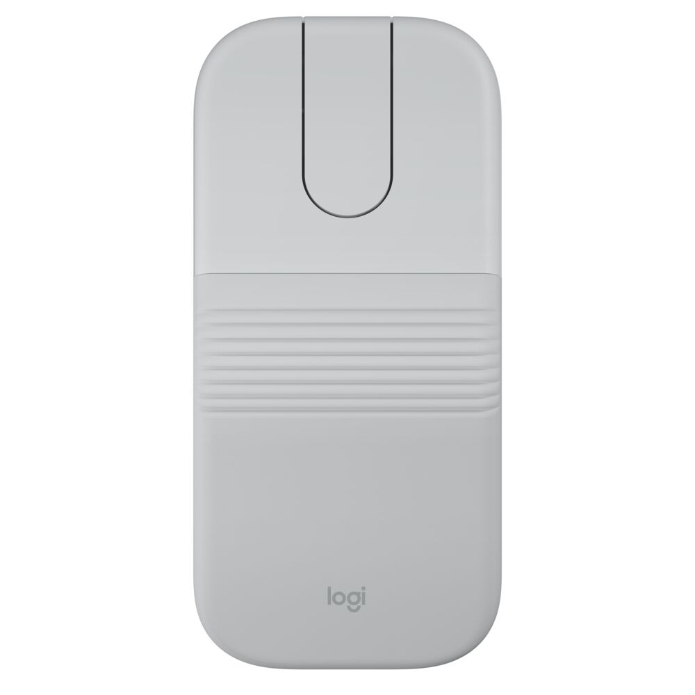 Un ratón Logitech blanco con sección acanalada y hendidura en forma de U.