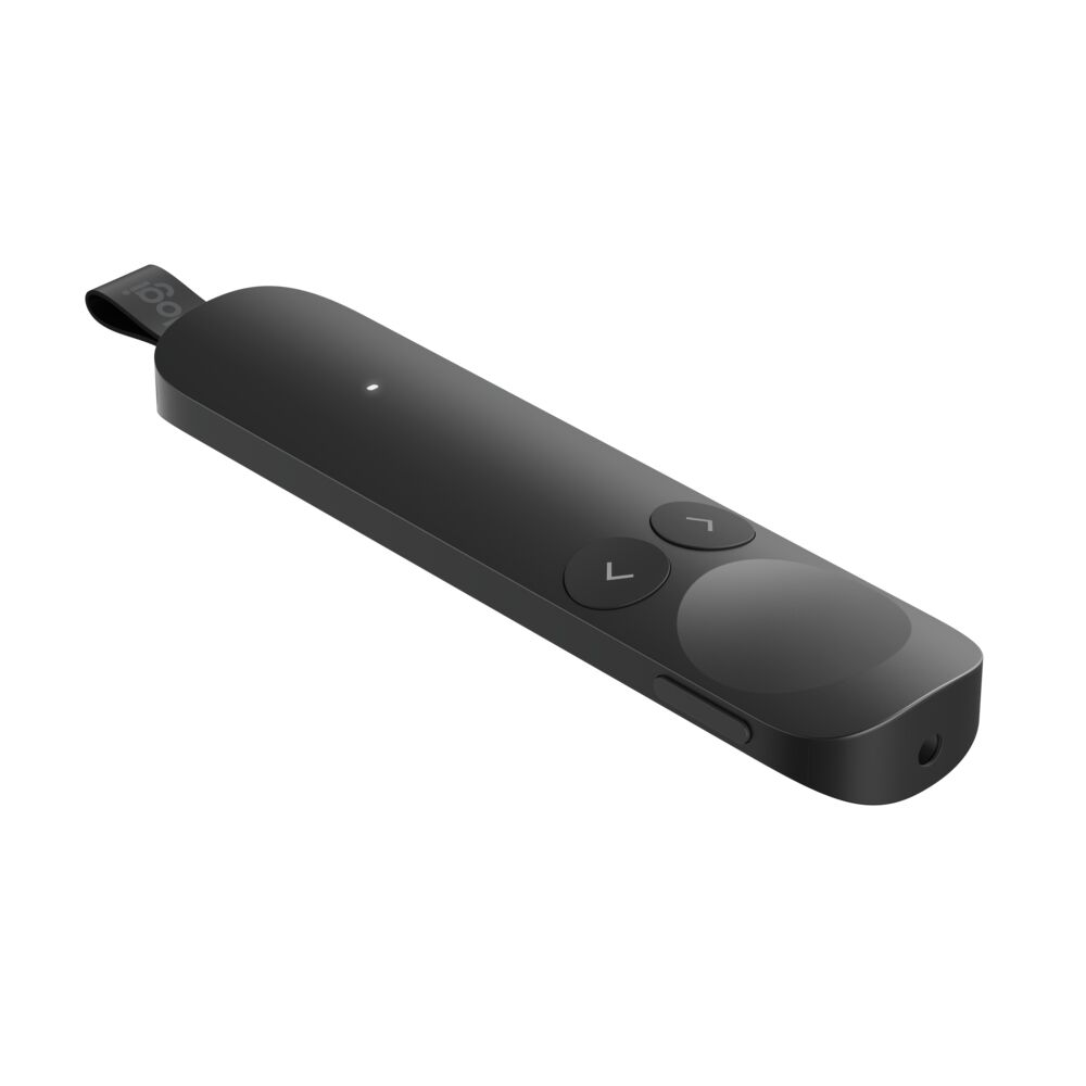 Un clicador Logitech negro con dos botones y un controlador de anillo.