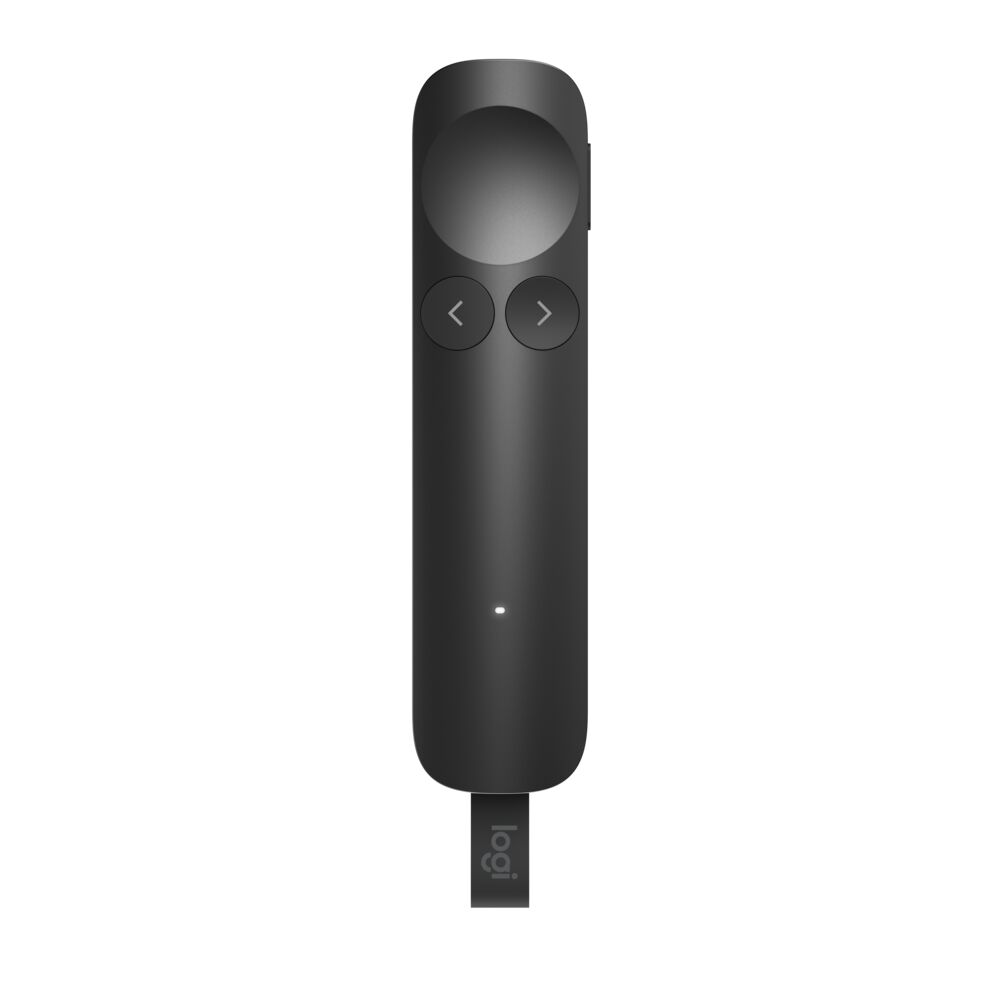 Un presentador Logitech negro con botones de flecha y un área circular.