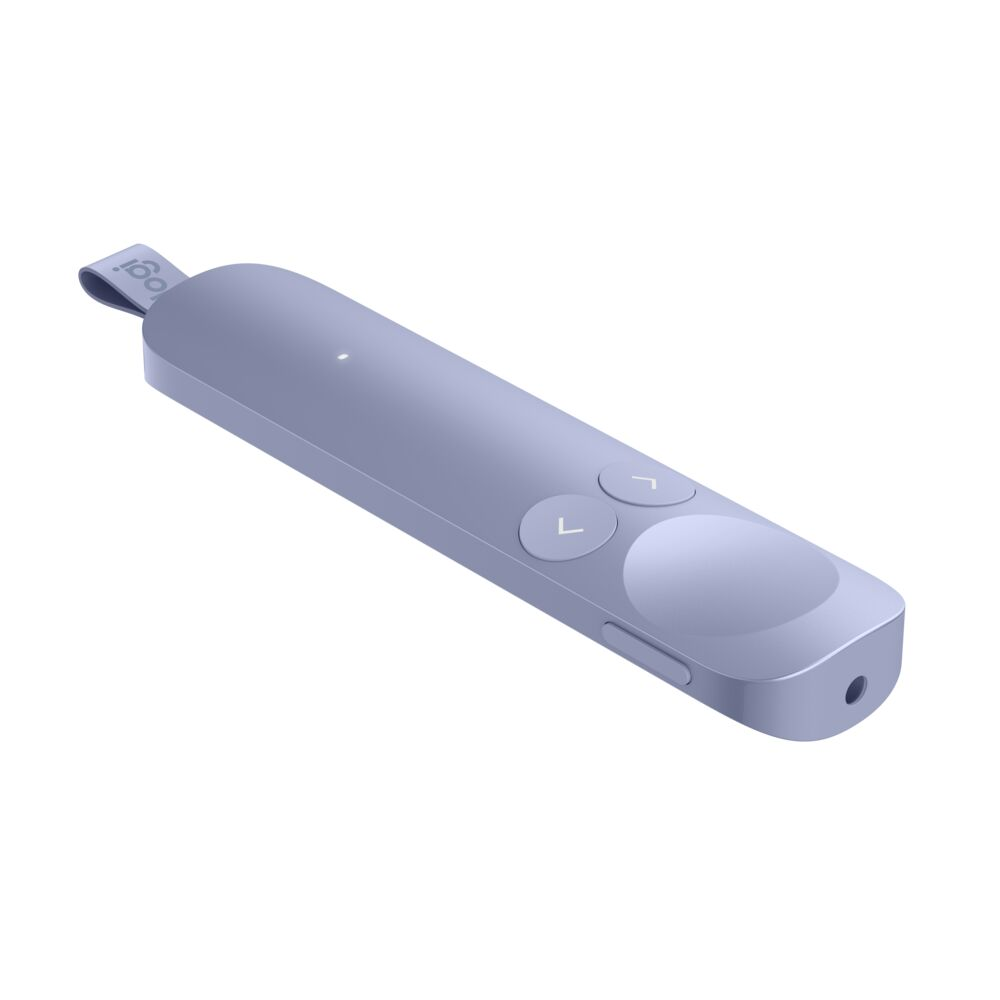 Un presentador Logitech morado con un lazo y dos botones.