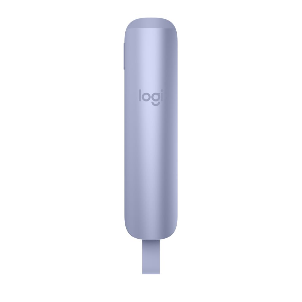 Un bolígrafo Logitech lavanda con logo gris y cable gris.