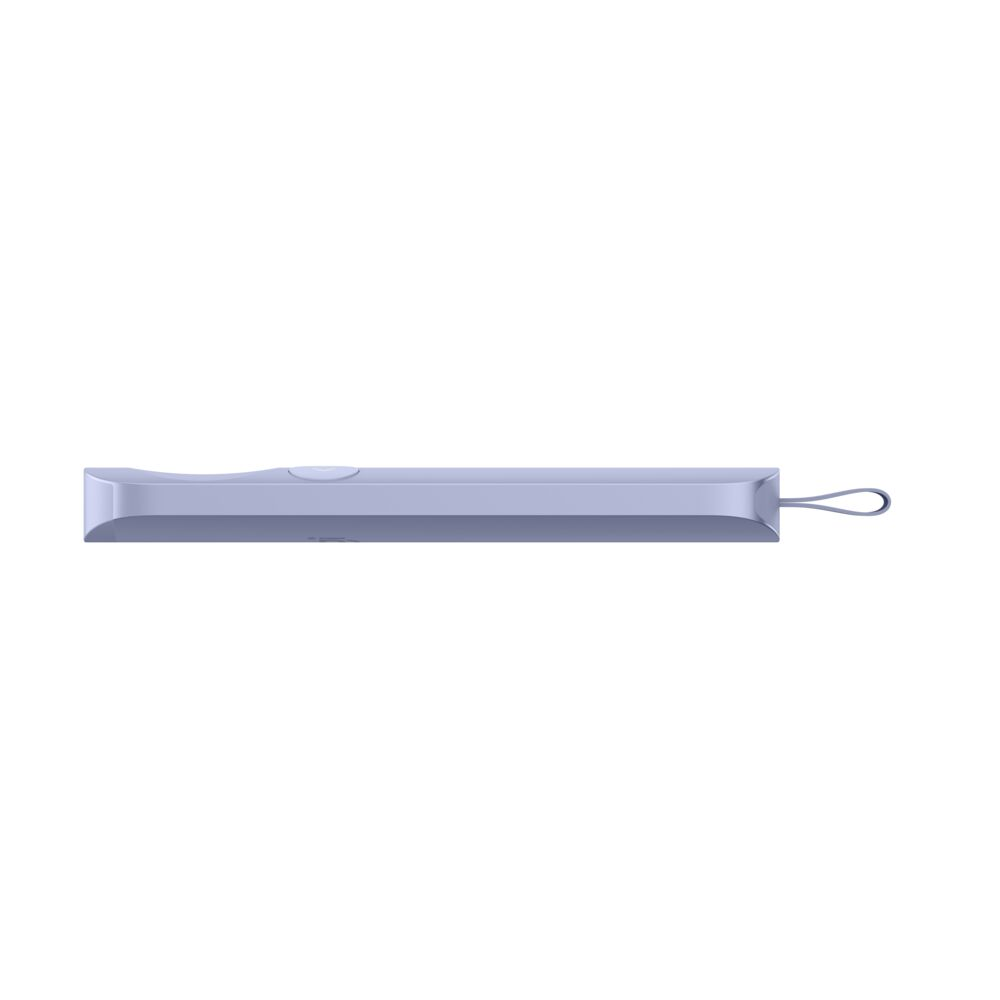 Una unidad USB delgada y morada con un pequeño lazo al final.