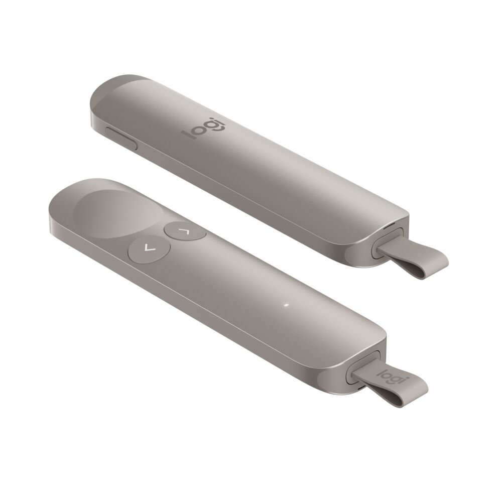 Dos presentadores Logitech grises uno al lado del otro, con botones y bucles.